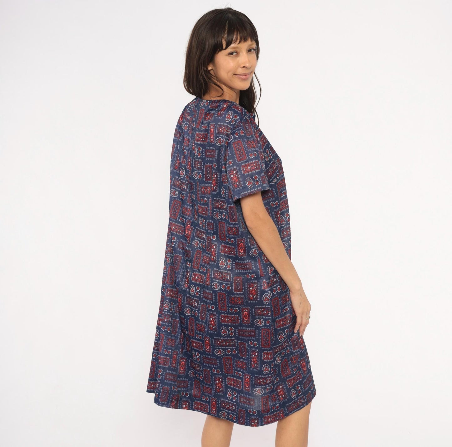 70s Navy Bandana Patchwork Shift Dress Red Floral Folk Print Knee Length Extra Large