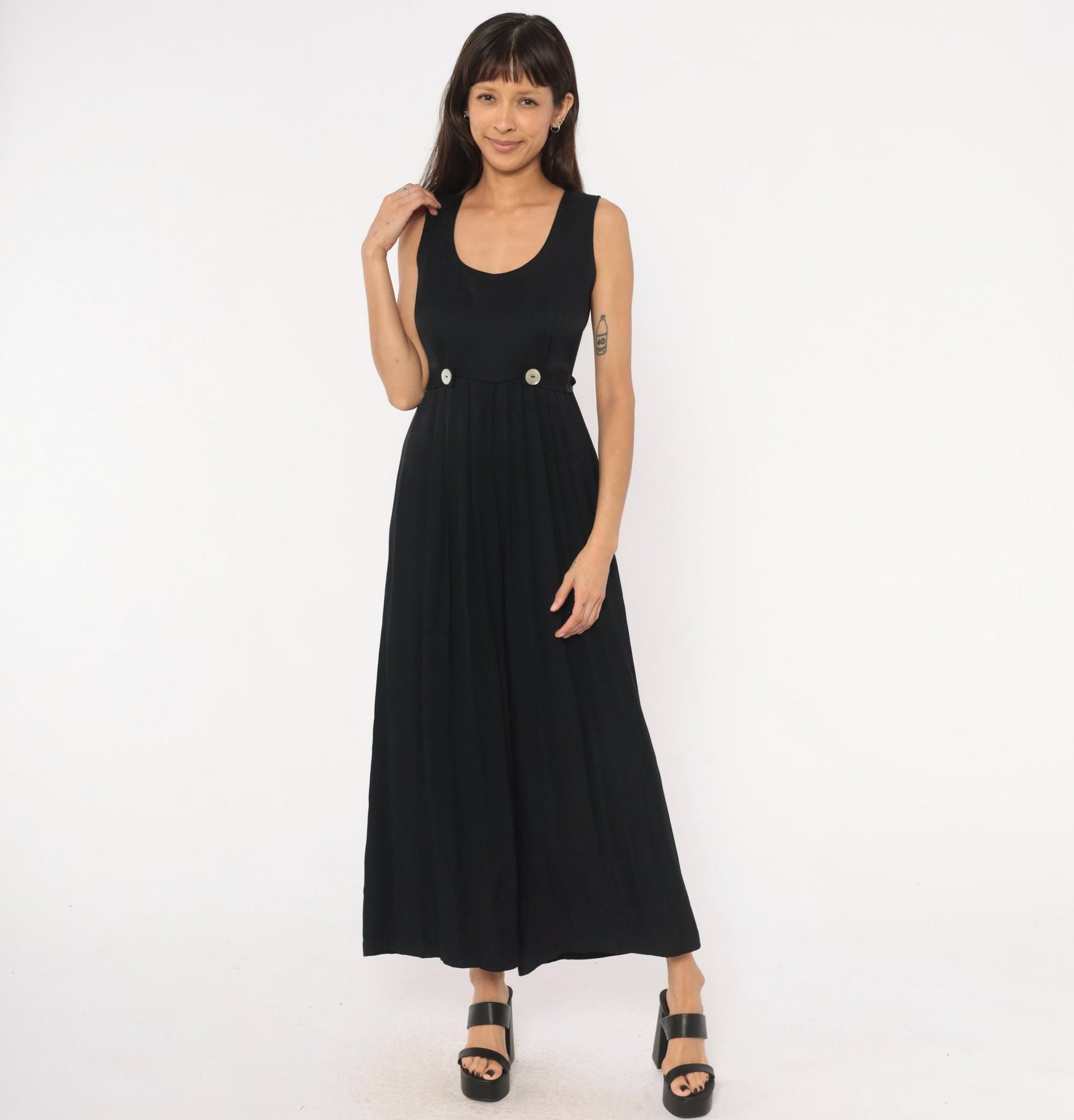90s Jeffrey & Dara Black Wide-Leg Jumpsuit Pleated Waist Tie-Back Medium M