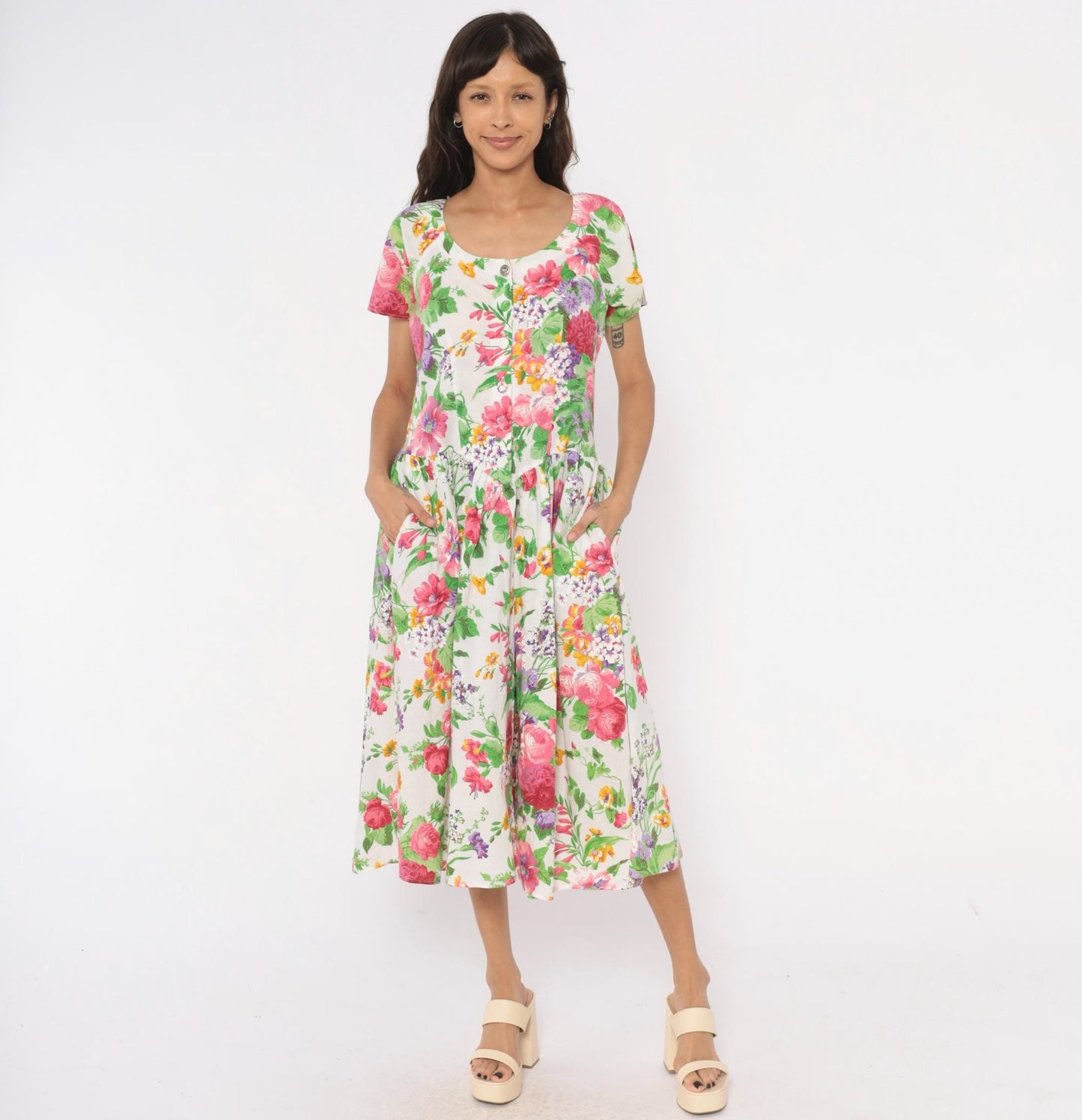 80s Dawn Joy Fashions Floral Midi Dress Cotton Pink Rose Garden Print Medium