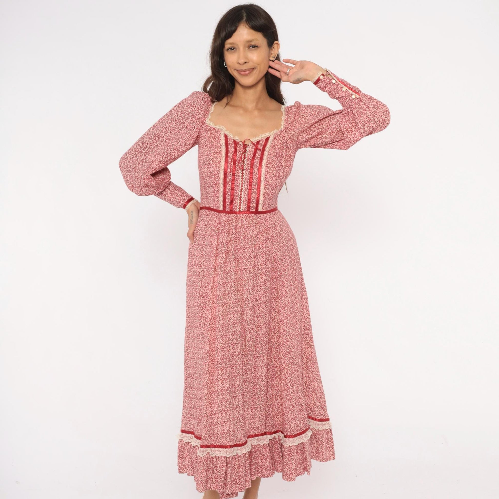 70s Wildes Red Calico Prairie Dress Lace Corset Puff Sleeve Maxi Small