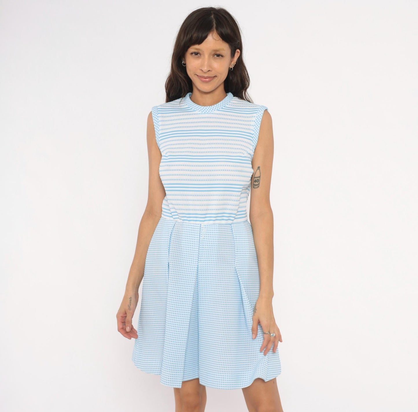 70s Vicky Vaughn Gingham Stripe Dress Sky Blue White Peter Pan Collar Medium