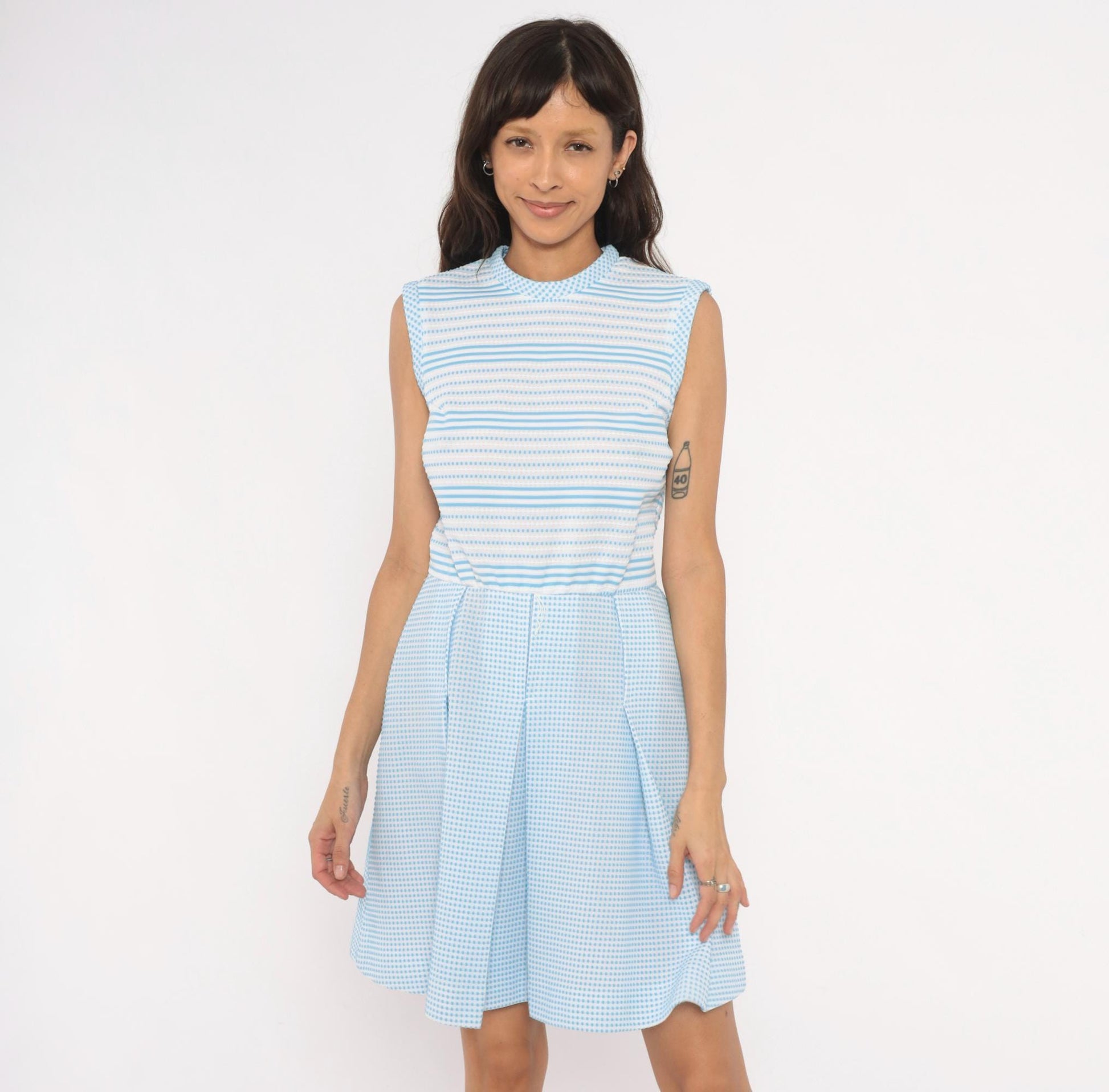 70s Vicky Vaughn Gingham Stripe Dress Sky Blue White Peter Pan Collar Medium