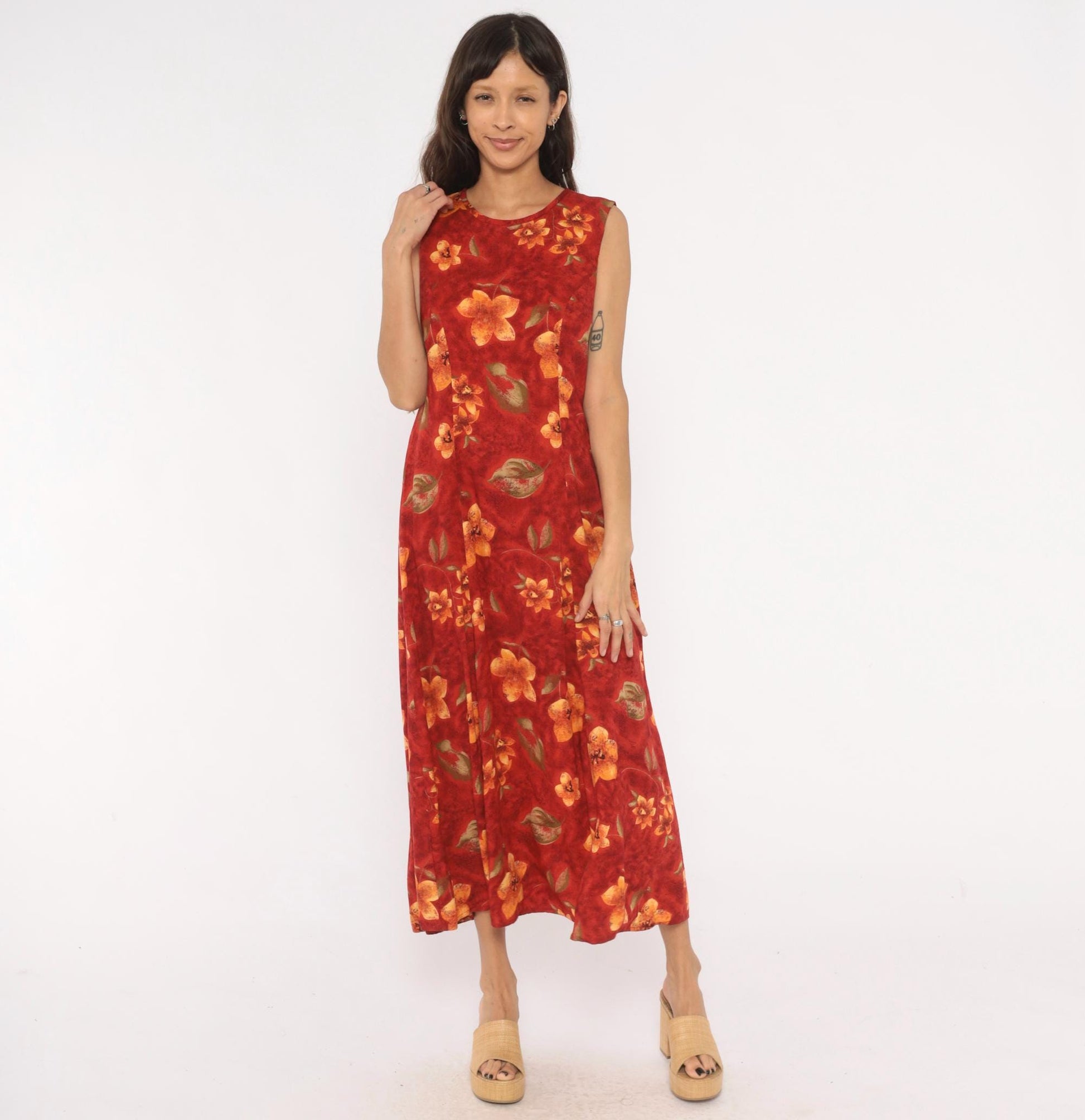 90s Olivia Rose Floral Maxi Dress Red Orange Sleeveless Keyhole Back Medium