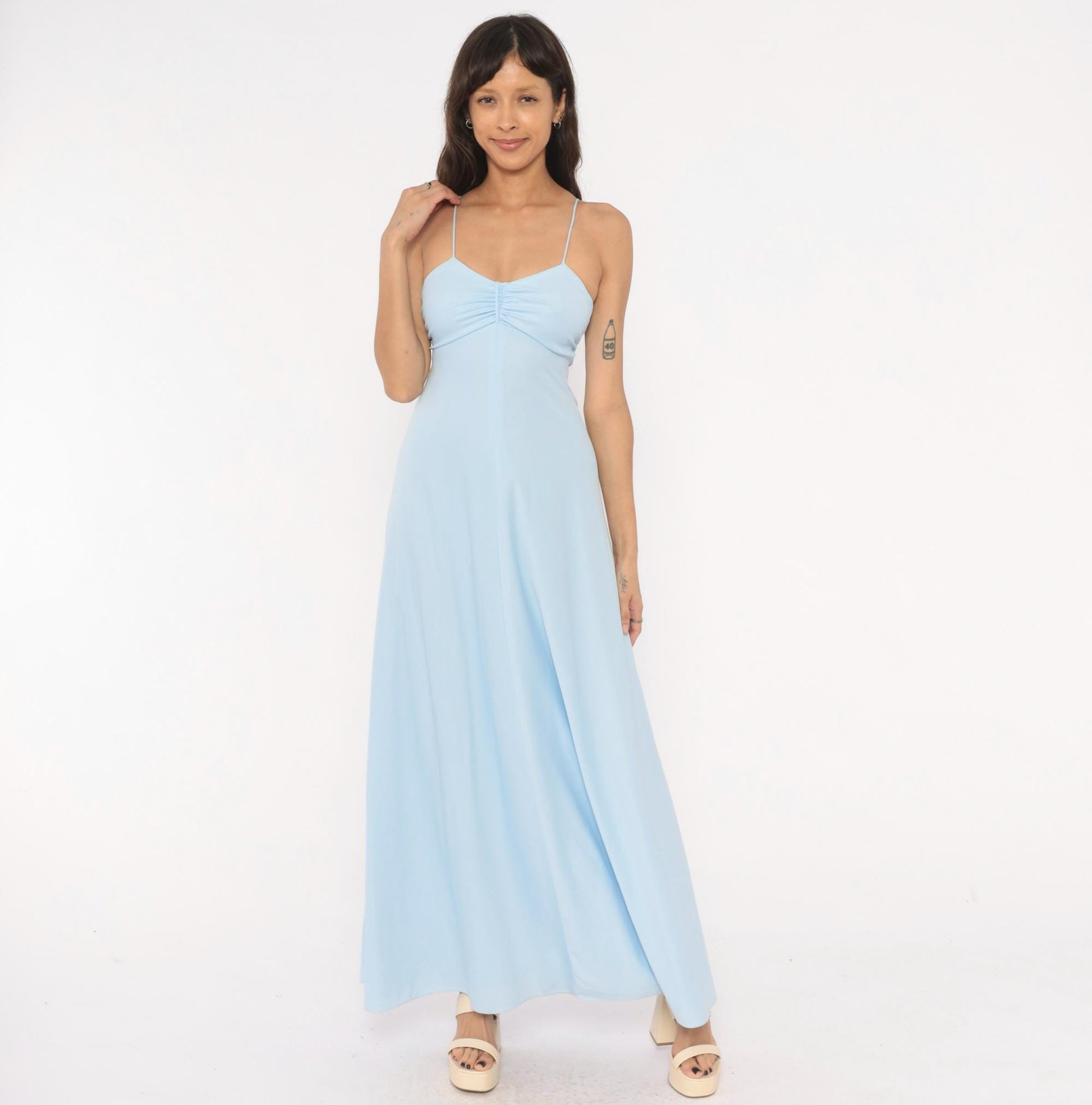 70s Baby Blue Maxi Dress Spaghetti Strap Sweetheart Neckline Empire Waist Extra Small XS