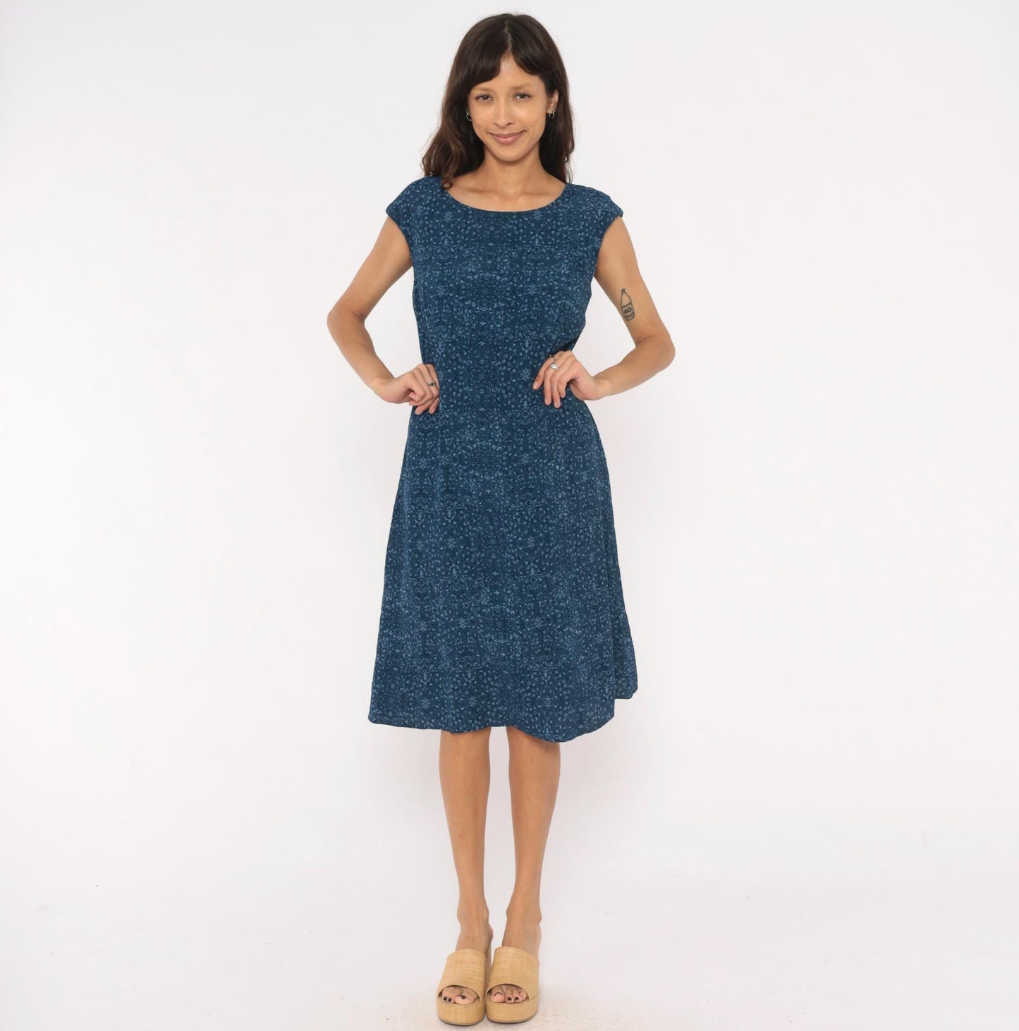 90s Talbots Indigo Floral Cotton Shift Dress Navy Cap Sleeve Large L