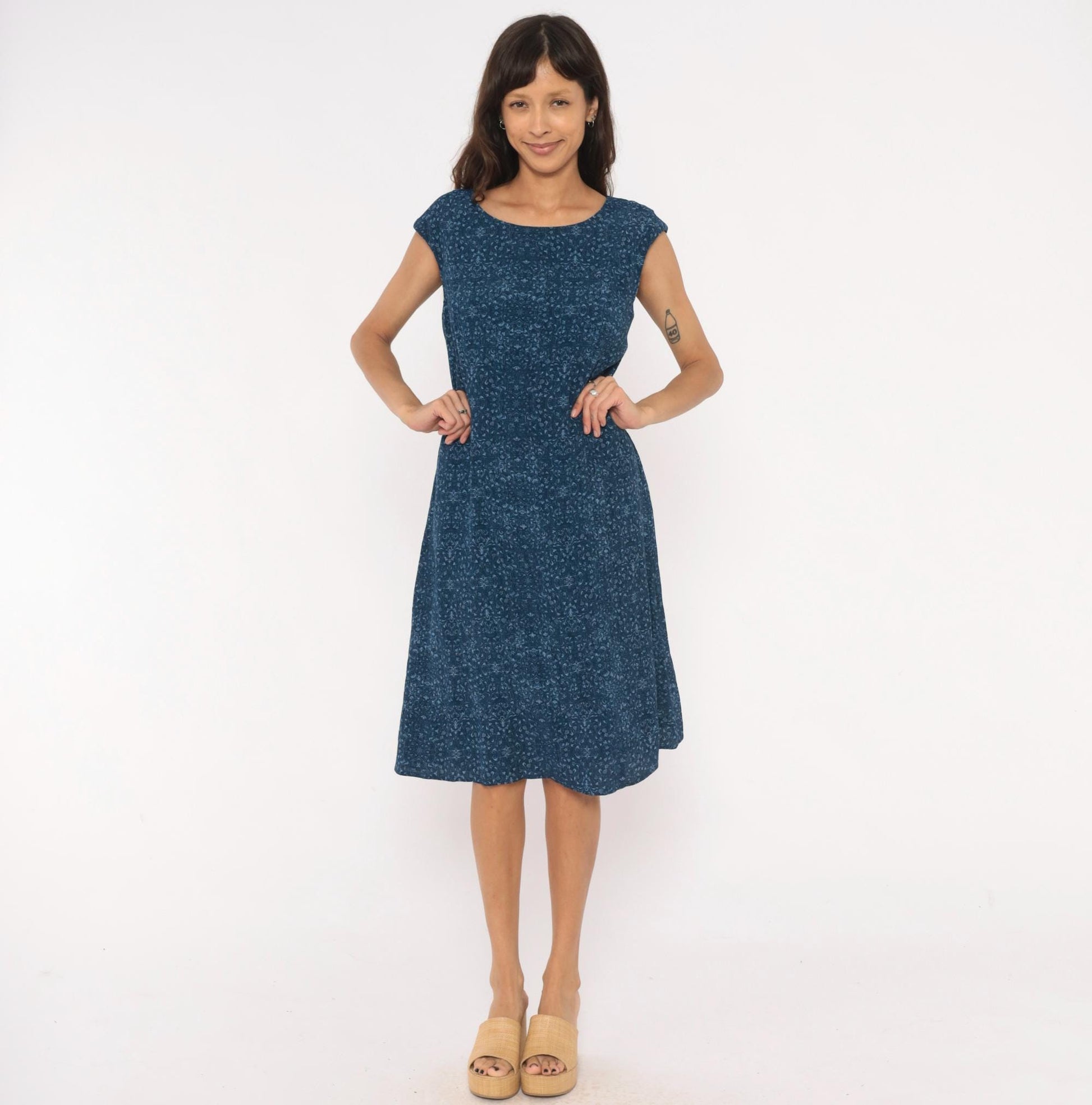 90s Talbots Indigo Floral Cotton Shift Dress Navy Cap Sleeve Large L