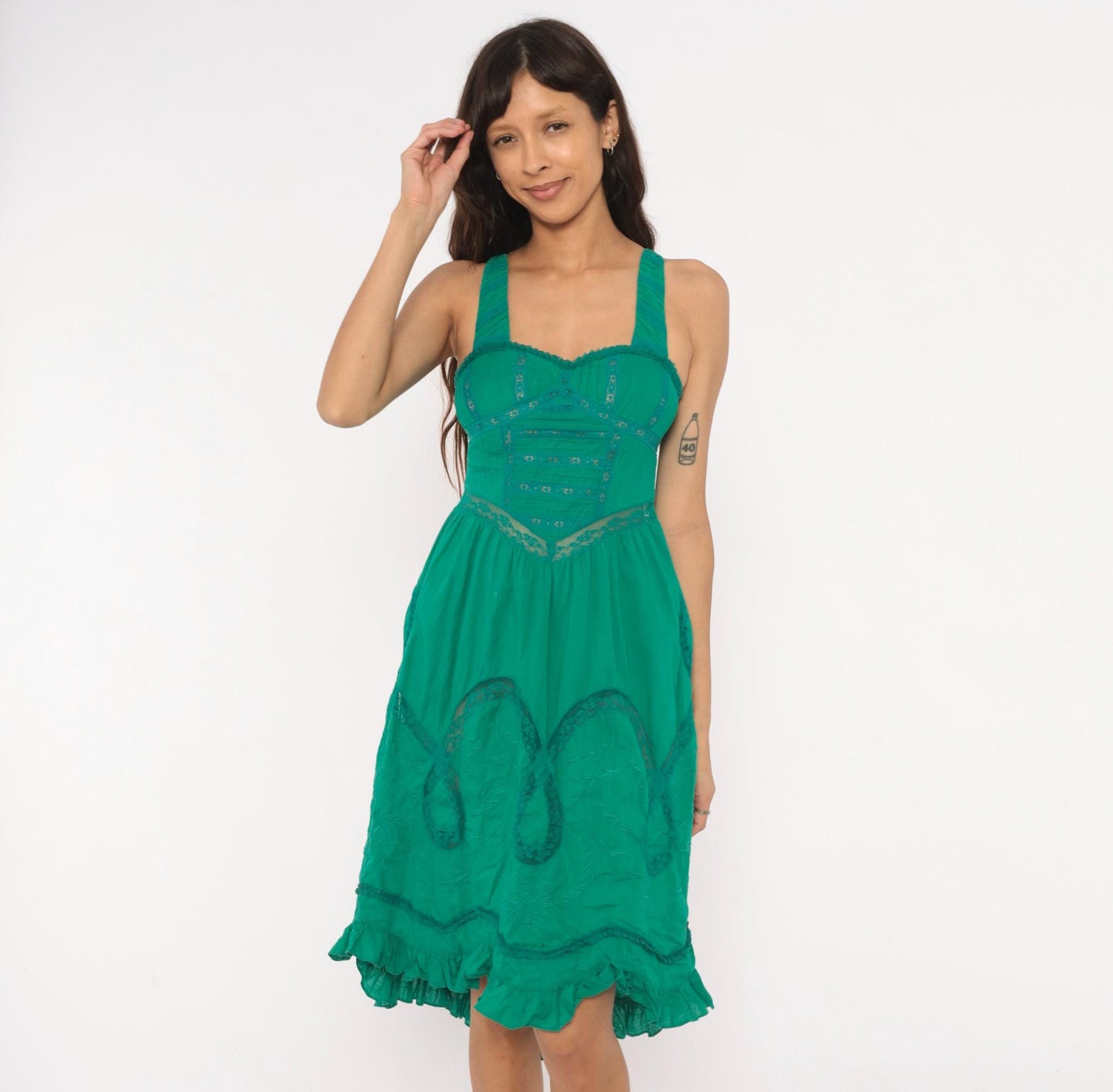 Y2K Free People Teal Lace Corset Sundress Sweetheart Neckline Cotton XS