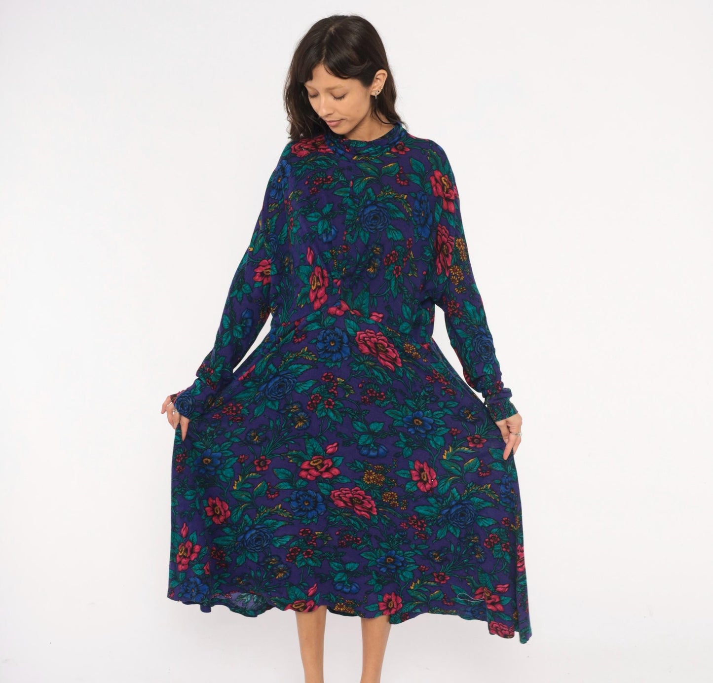90s Alison J. Floral Mock Neck Midi Dress Purple Teal Long Sleeve Large L