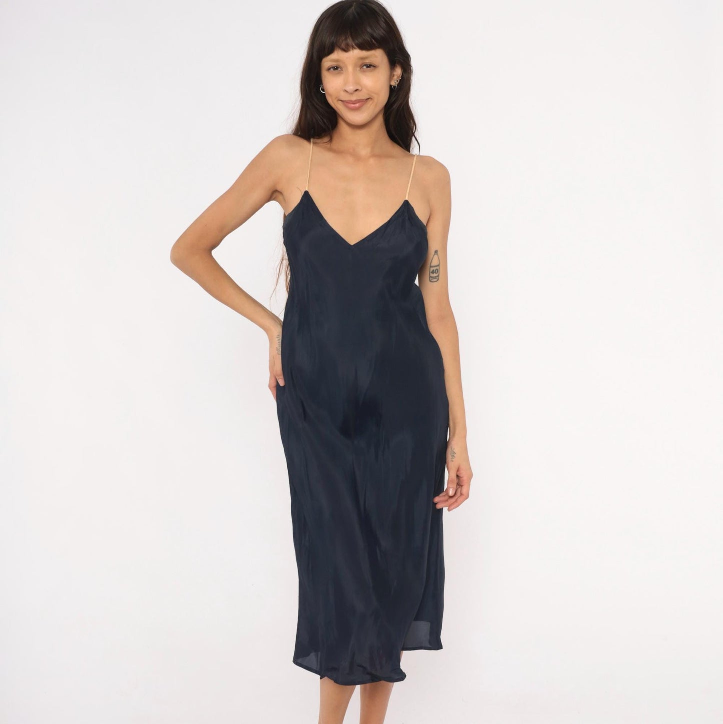 70s Navy Slip Dress Midi V-Neck Spaghetti Strap Acetate Small
