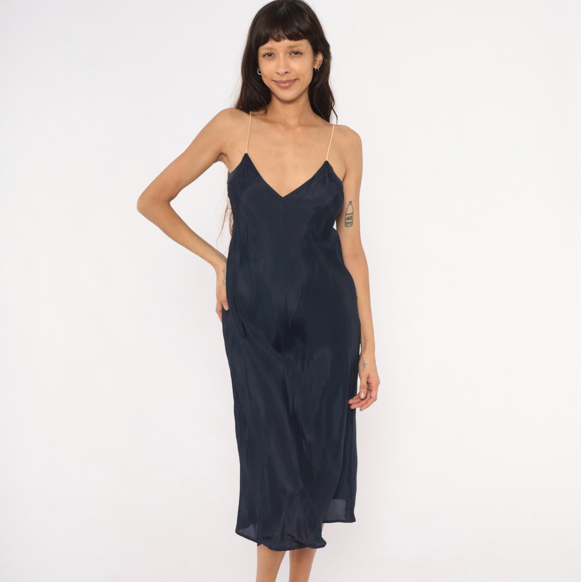 70s Navy Slip Dress Midi V-Neck Spaghetti Strap Acetate Small