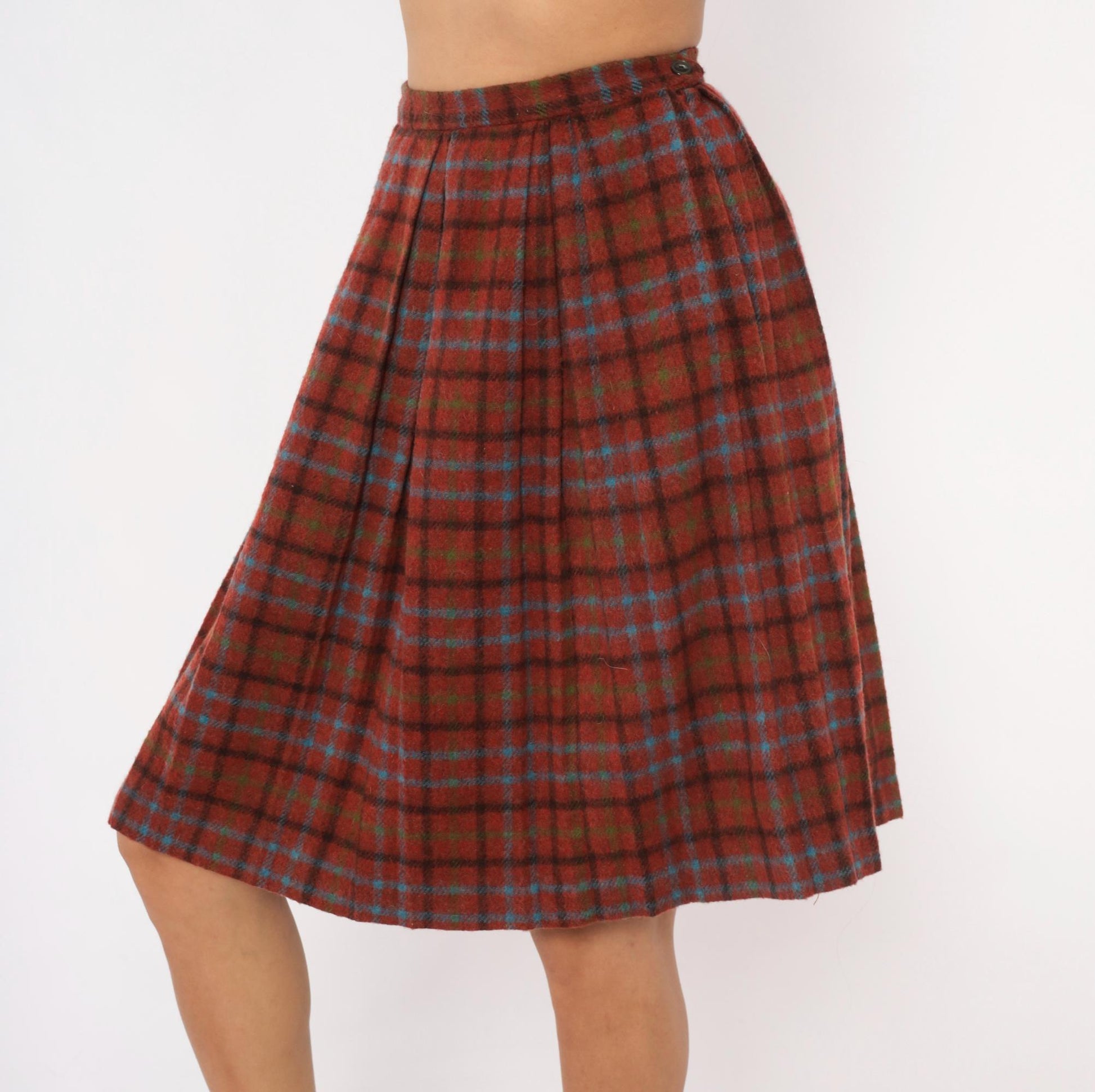60s Mode O Day Wool Plaid Pleated Skirt Burgundy Tartan Knee-Length Extra Small XS