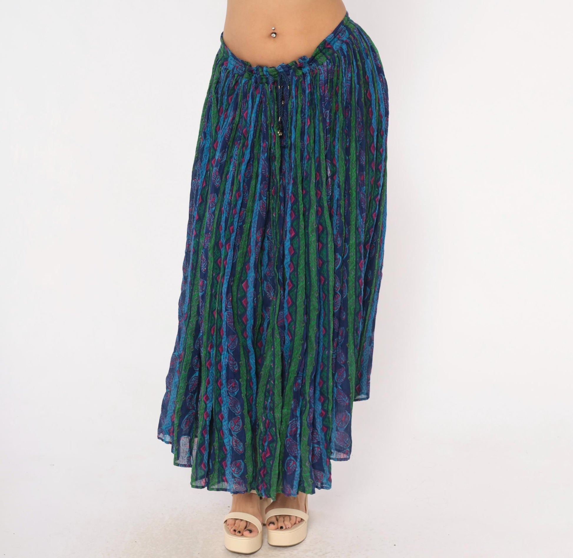 90s Via Max Broomstick Maxi Skirt Crushed Gauze Leaf Print Navy Multicolor Large L