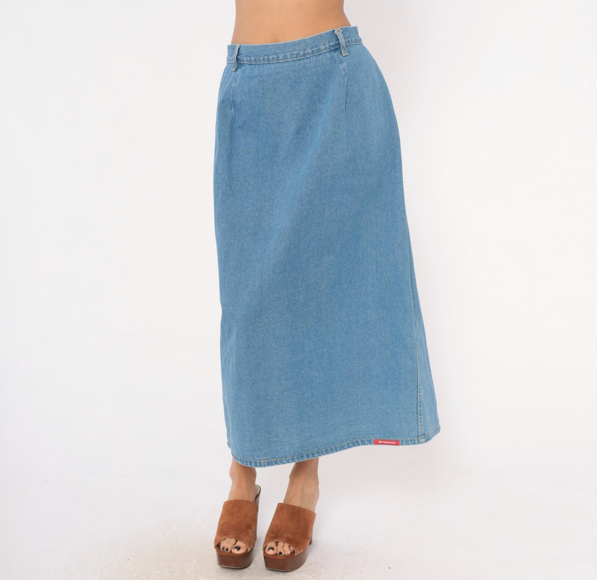90s No Excuses Denim Maxi Skirt Light Blue A-Line High Waist Cotton Large L