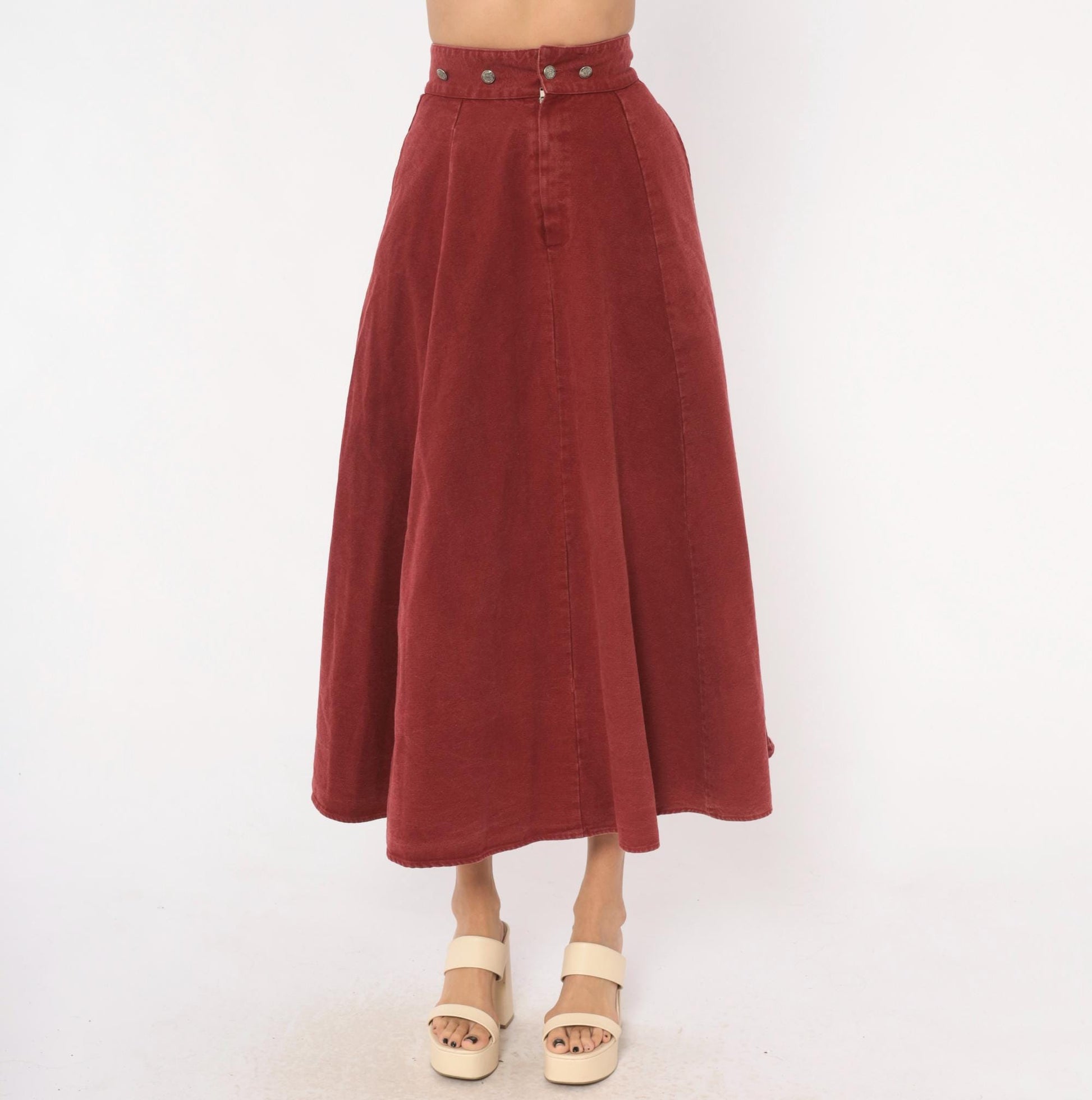 90s Miller Stockman Burgundy Cotton Circle Skirt High Waist Midi Extra Small XS