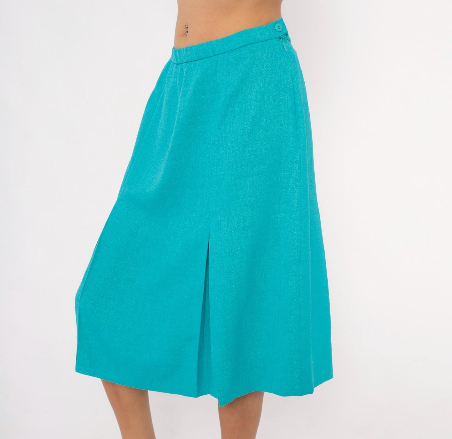 80s Teal Box Pleat Midi Skirt Turquoise A-Line Waistband Zip Large L