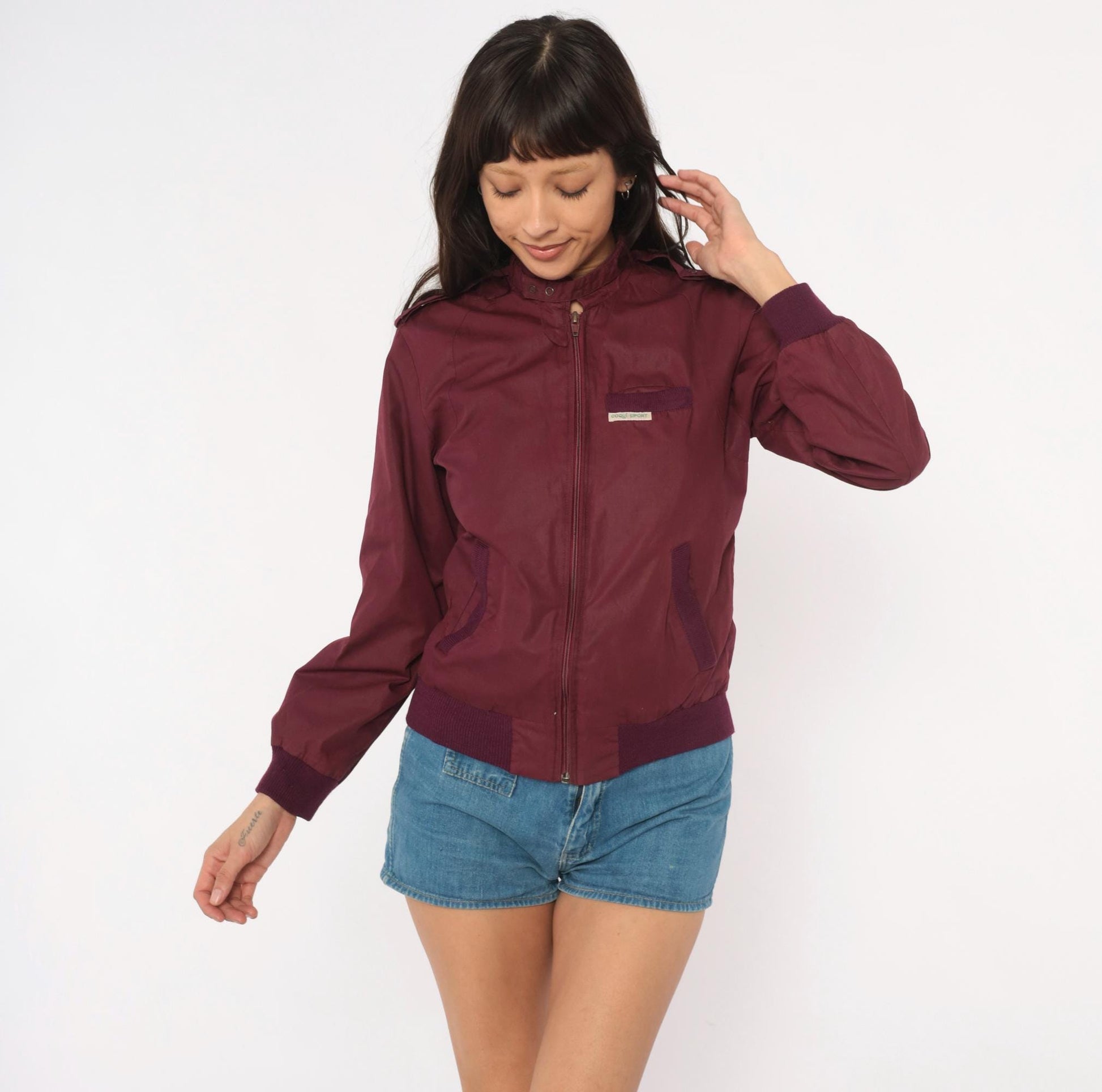 80s Coqui Sport Burgundy Bomber Jacket Ribbed Knit Epaulette Extra Small XS