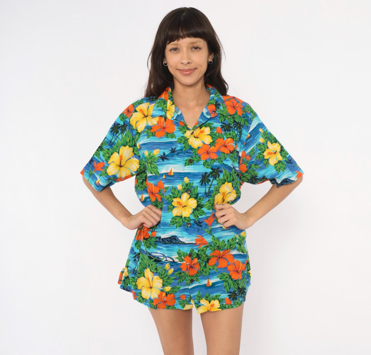 2000s Squish Wear Hawaiian Camp Collar Shirt Tropical Hibiscus Cotton Large L
