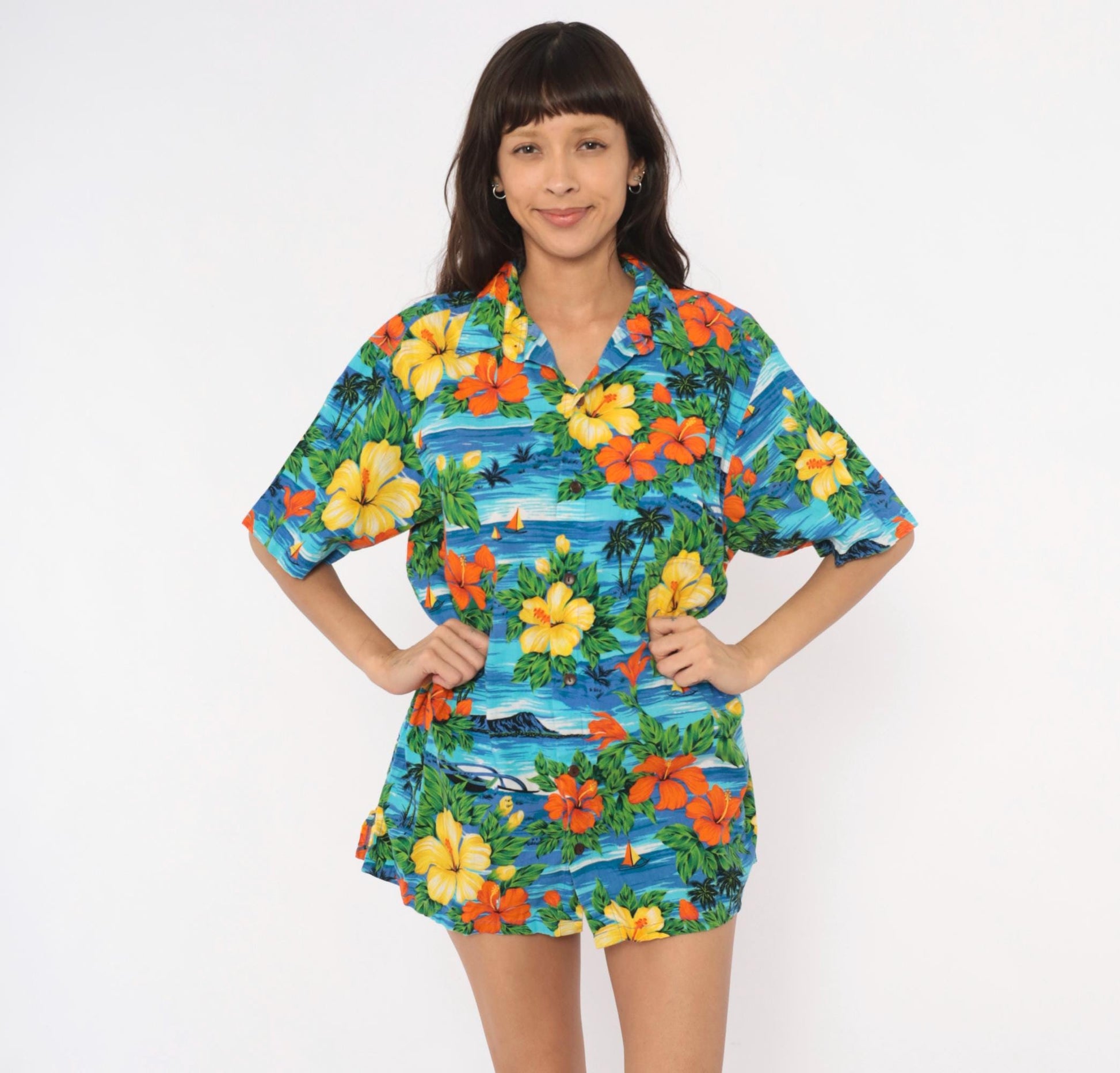 2000s Squish Wear Hawaiian Camp Collar Shirt Tropical Hibiscus Cotton Large L