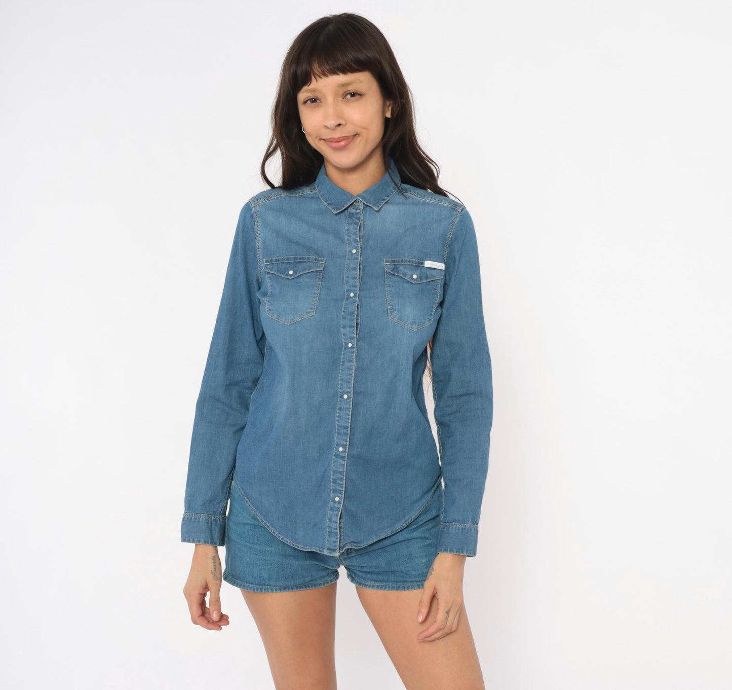 Calvin Klein Jeans Denim Shirt Western Snap Button Blue Chambray Small S