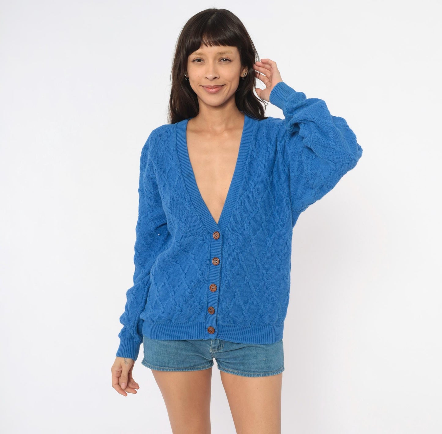 80s Pendleton Cable Knit Cardigan Blue Cotton V Neck Wooden Buttons Medium M