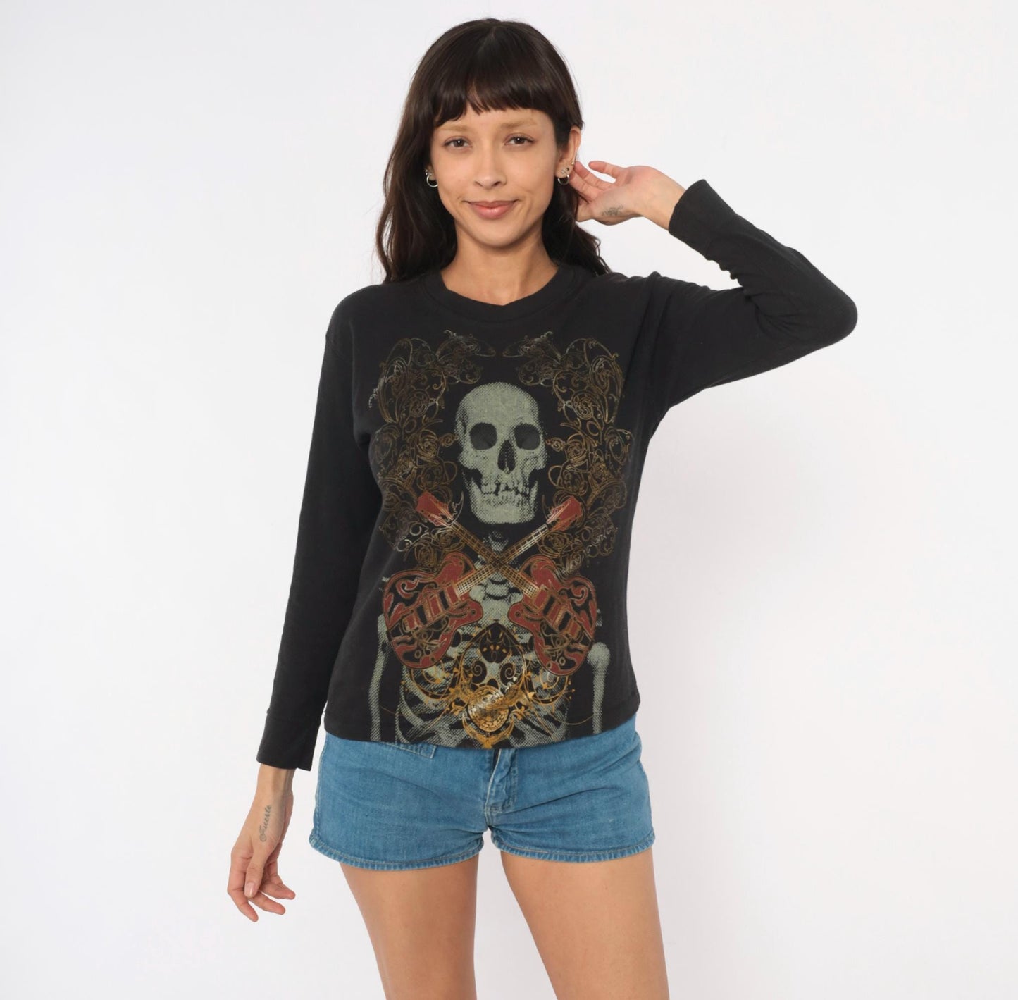 Y2K Skull Crossbones Guitar Long Sleeve Thermal Top Black Medium M