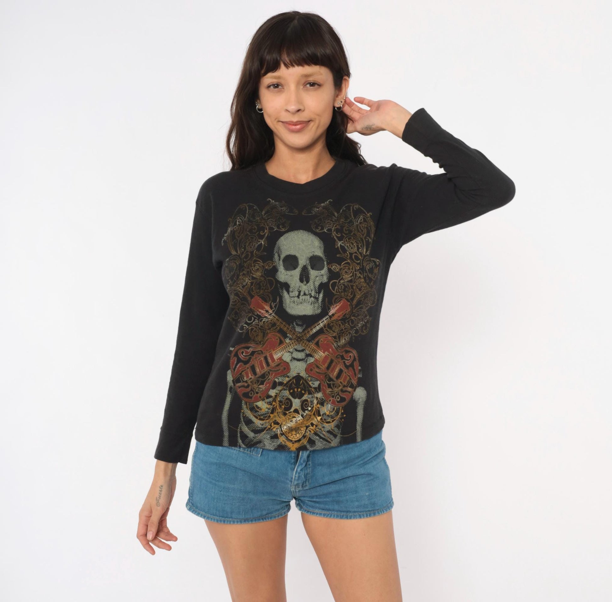 Y2K Skull Crossbones Guitar Long Sleeve Thermal Top Black Medium M