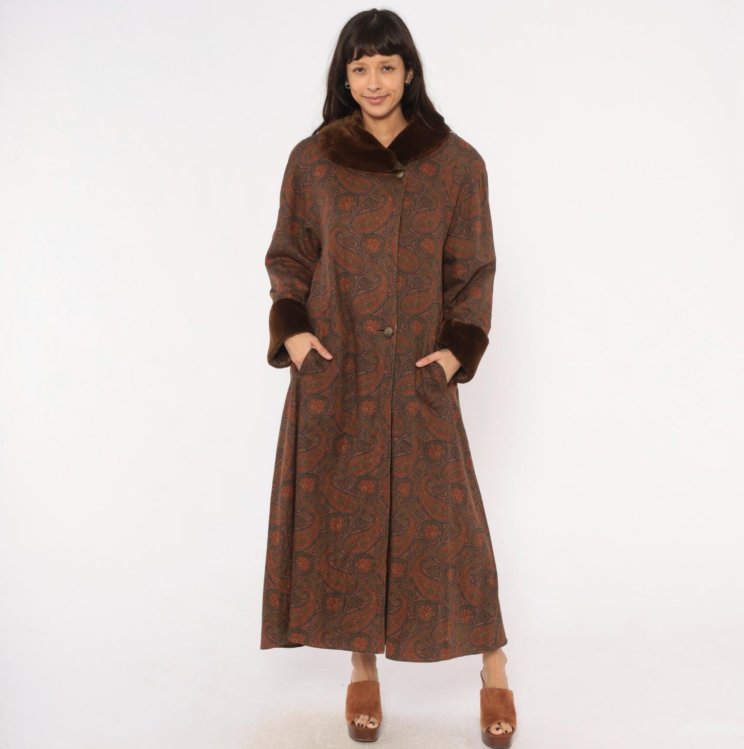 1970s Bill Blass Paisley Wool Maxi Coat Fur Collar Brown Olive Medium M