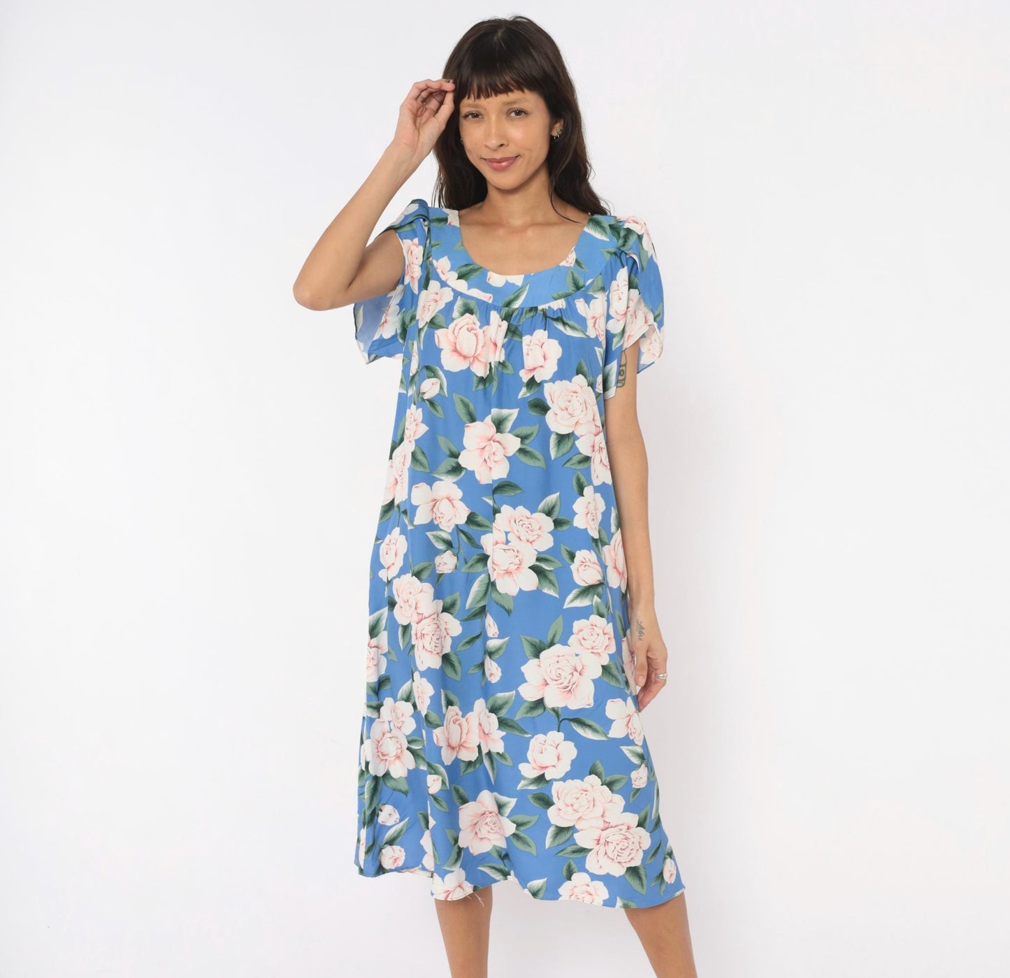 90s Paradise Bay Muumuu Midi Dress Blue Pink Rose Floral Puff Sleeve Large L