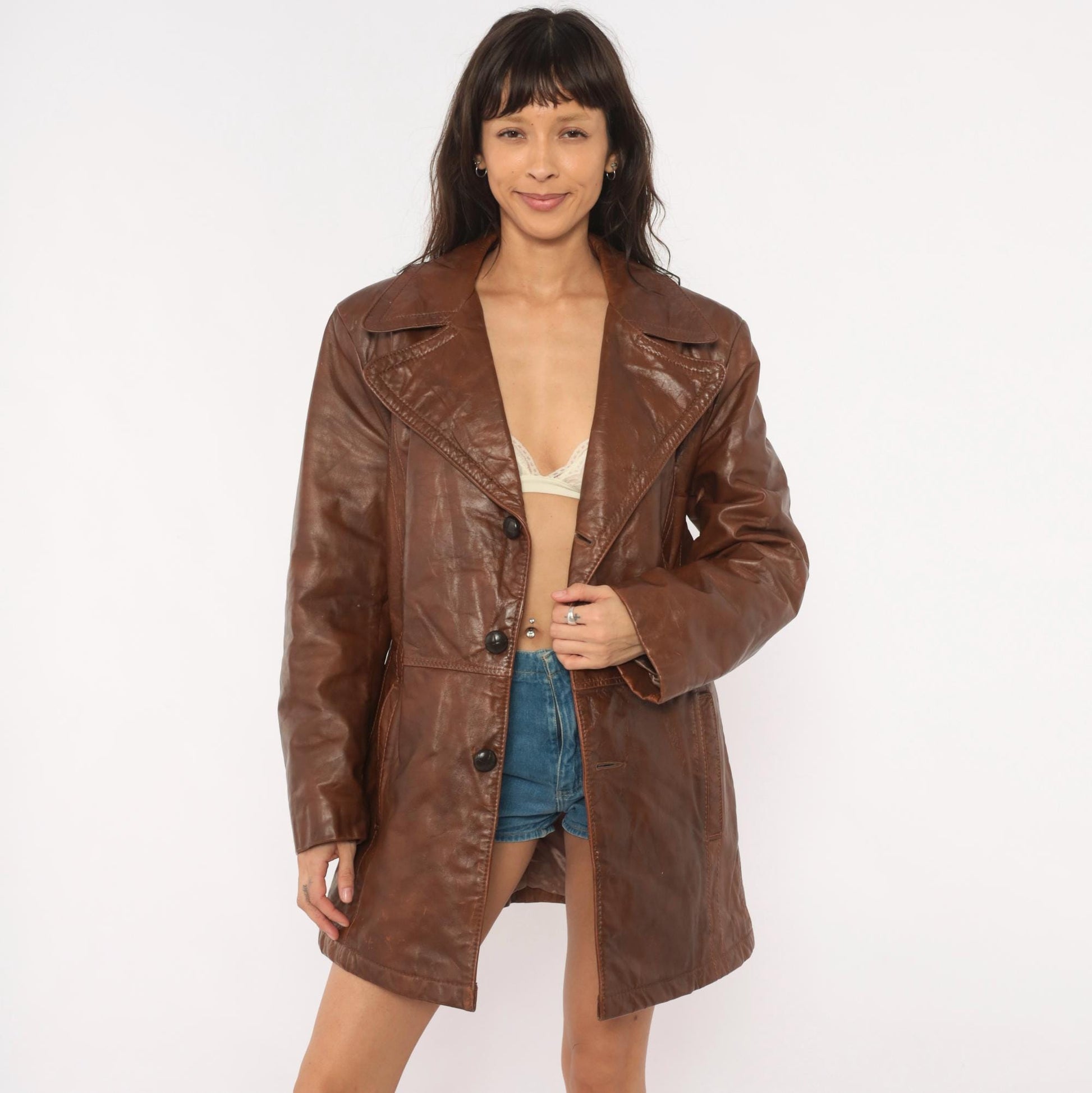 70s De Long Brown Leather Jacket Notched Lapel Belted Back Medium M