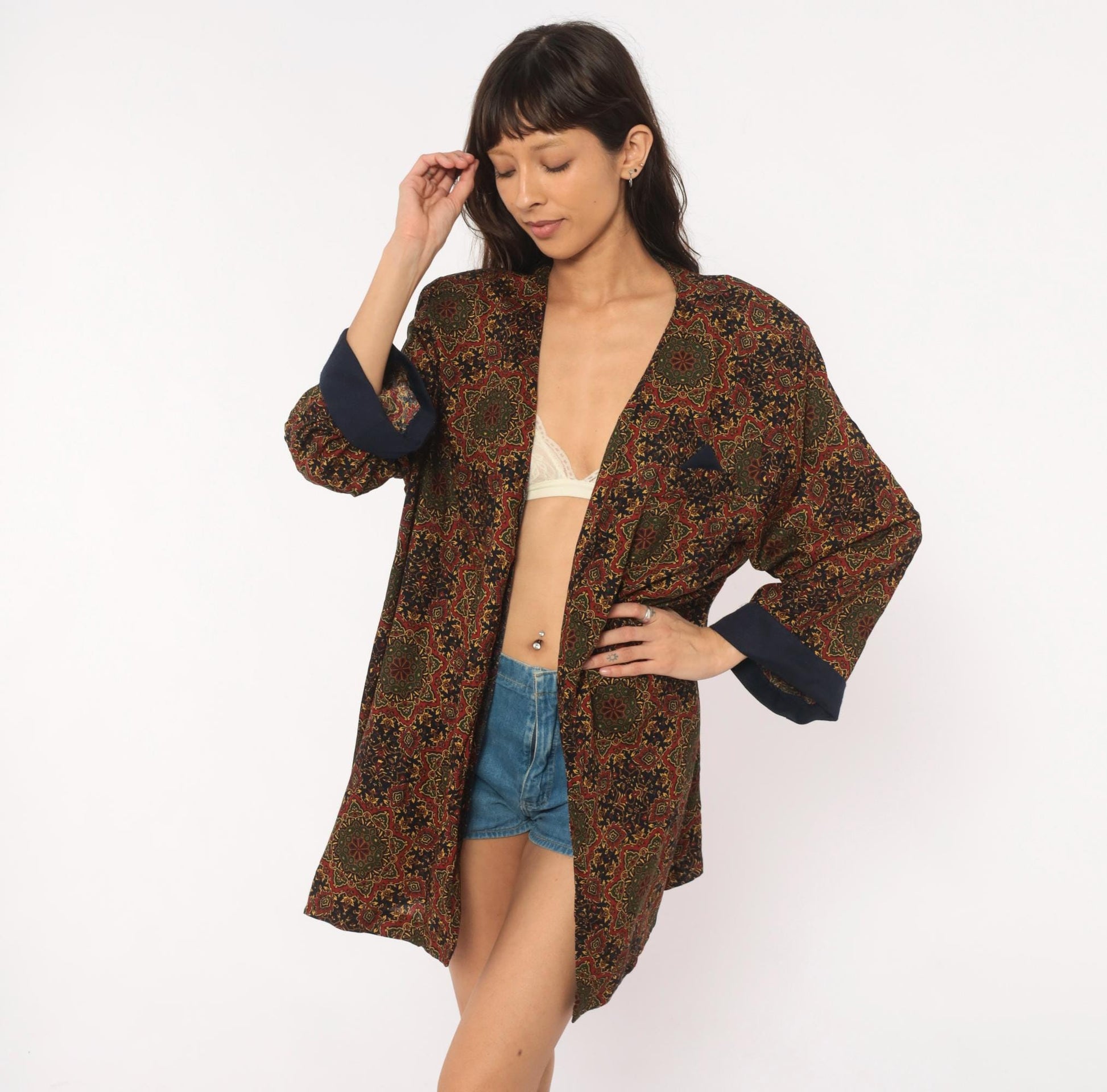 90s Medallion Tapestry Robe Kimono Navy Red Olive Gold Duster Large L