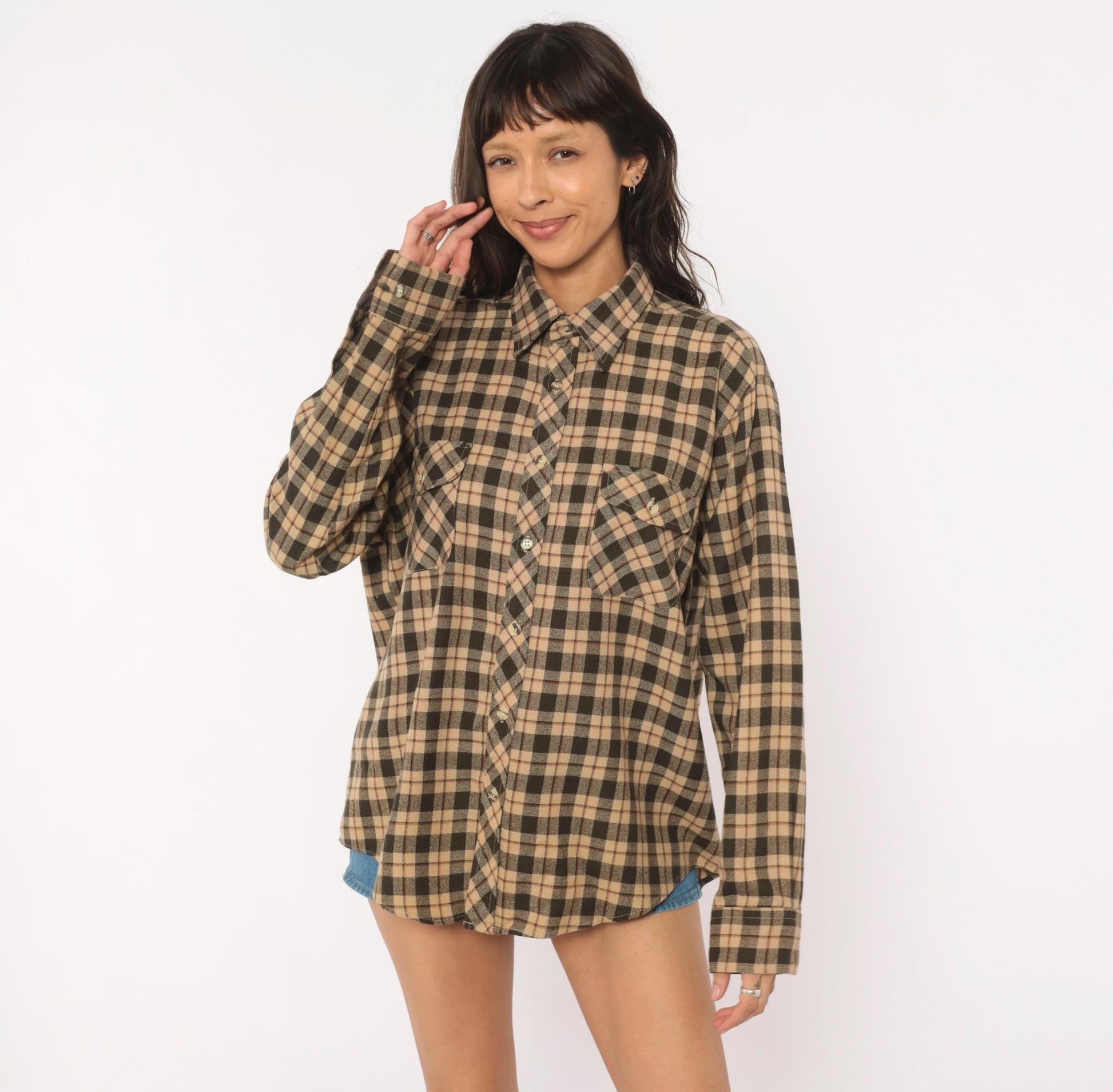80s High Sierra Plaid Flannel Shirt Tan Brown Check Large L