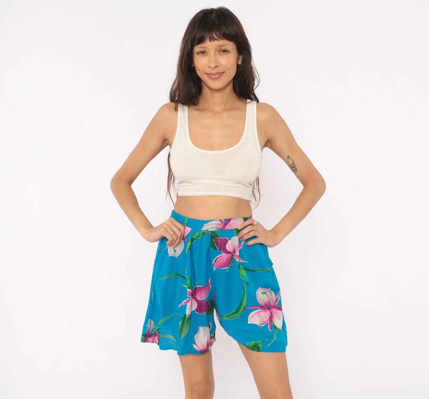 90s Profiles Tropical Floral Shorts Teal Orchid High Waist Wide Leg Small