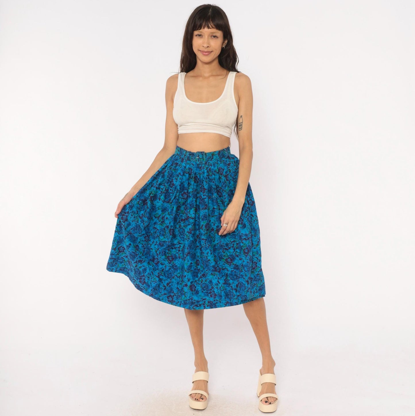 60s Batik Floral Pleated Skirt Cobalt Blue Purple Cotton High Waist Extra Small XS