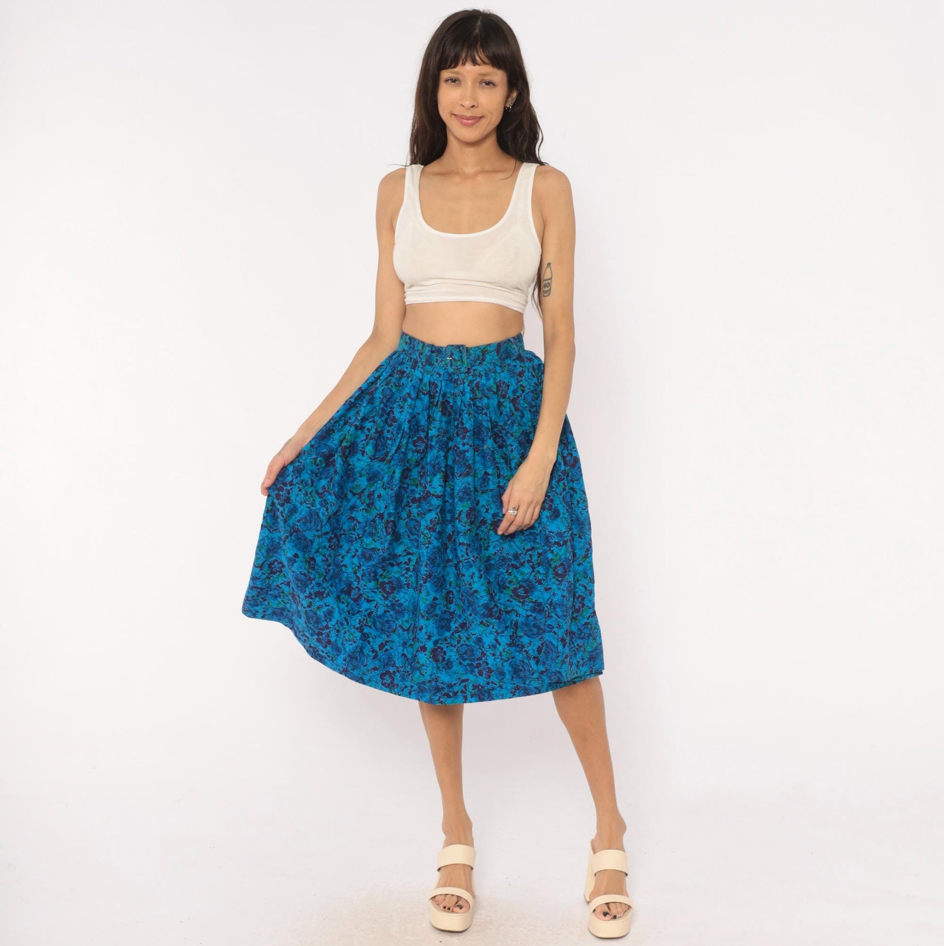 60s Batik Floral Pleated Skirt Cobalt Blue Purple Cotton High Waist Extra Small XS