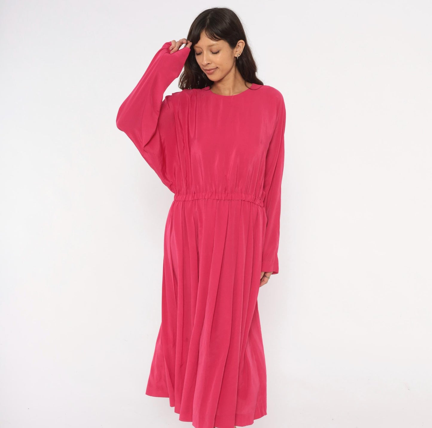 1980s J.Ellis II Fuchsia Midi Dress Blouson Waist Pleated Skirt Extra Large