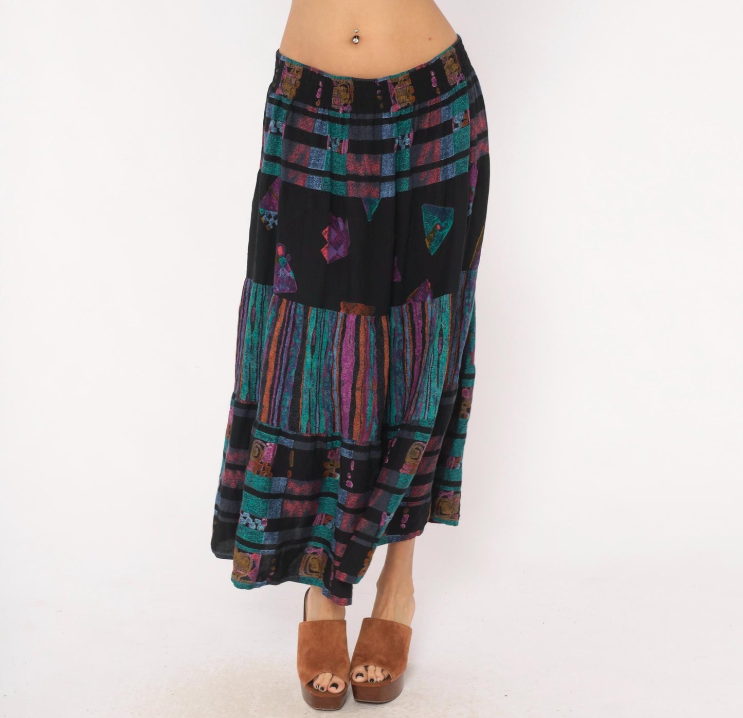 90s Adrian Jordan Tiered Maxi Skirt Black Teal Purple Geometric Plus Size XXL