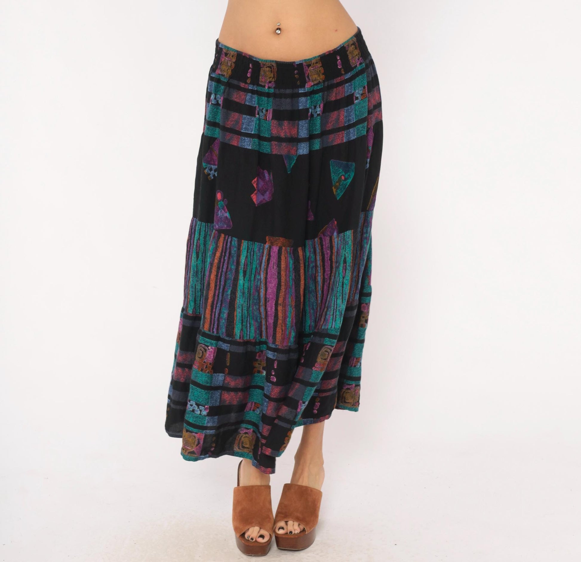 90s Adrian Jordan Tiered Maxi Skirt Black Teal Purple Geometric Plus Size XXL