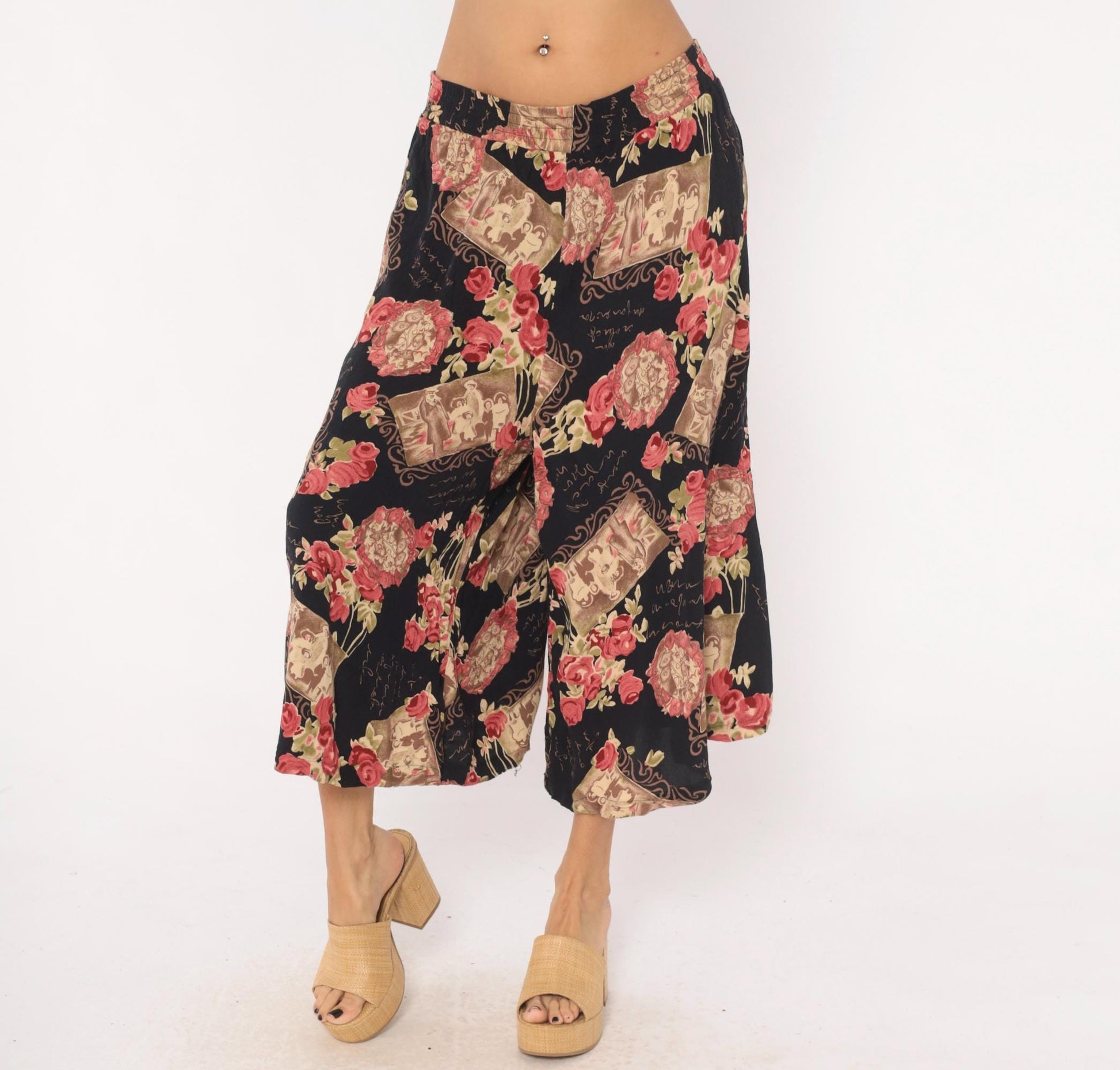 90s Impressions of California Culottes Black Floral Victorian Print Wide Leg Large L