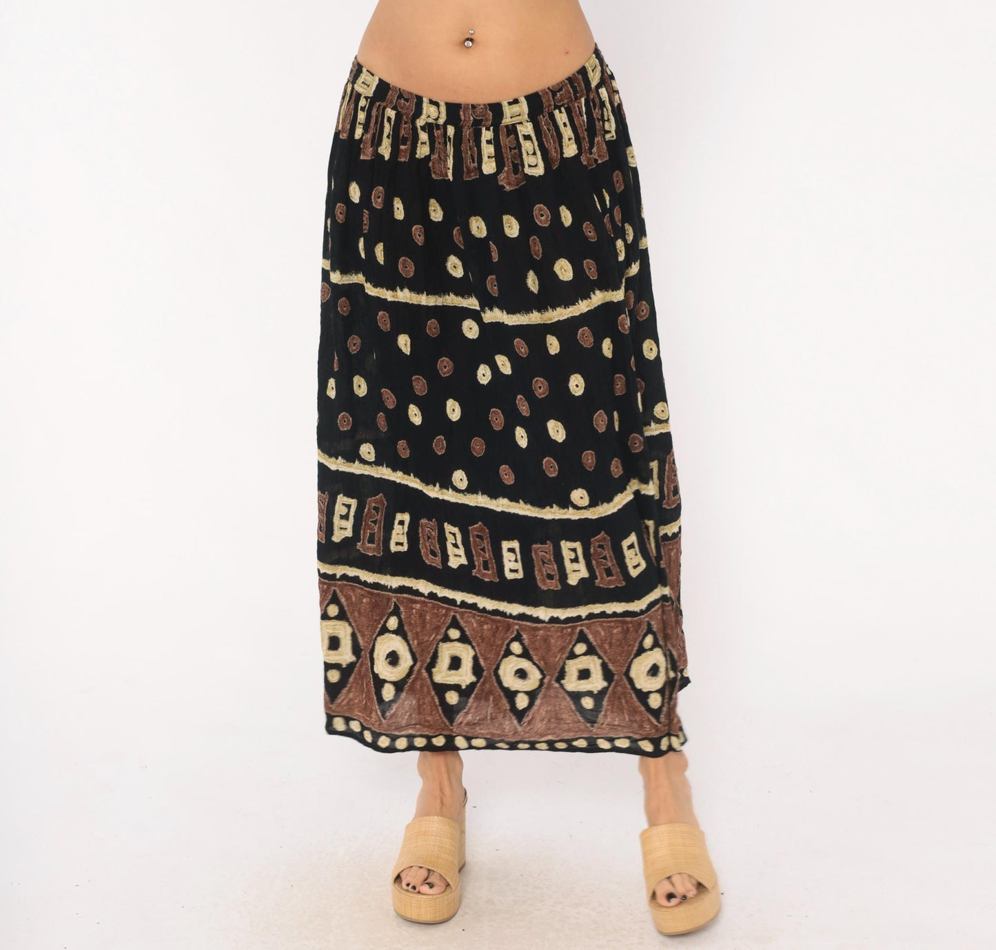 90s Bila Maxi Skirt Black Brown Batik Tribal Geometric Print Extra Large