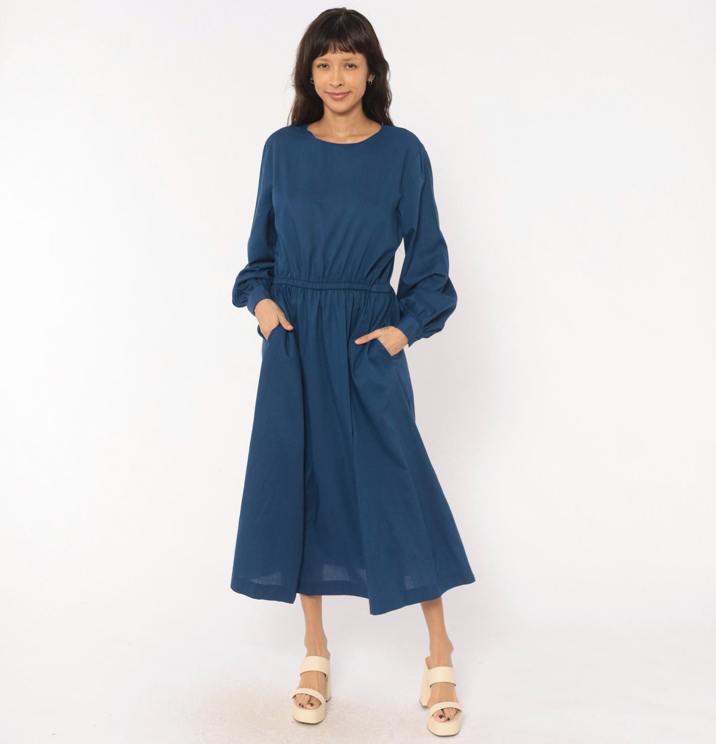 80s Navy Cotton Midi Dress Balloon Sleeve Elastic Waist Small Medium