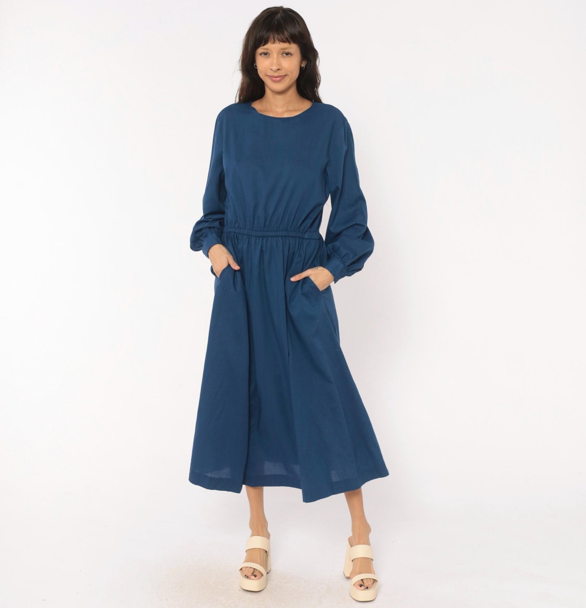 80s Navy Cotton Midi Dress Balloon Sleeve Elastic Waist Small Medium