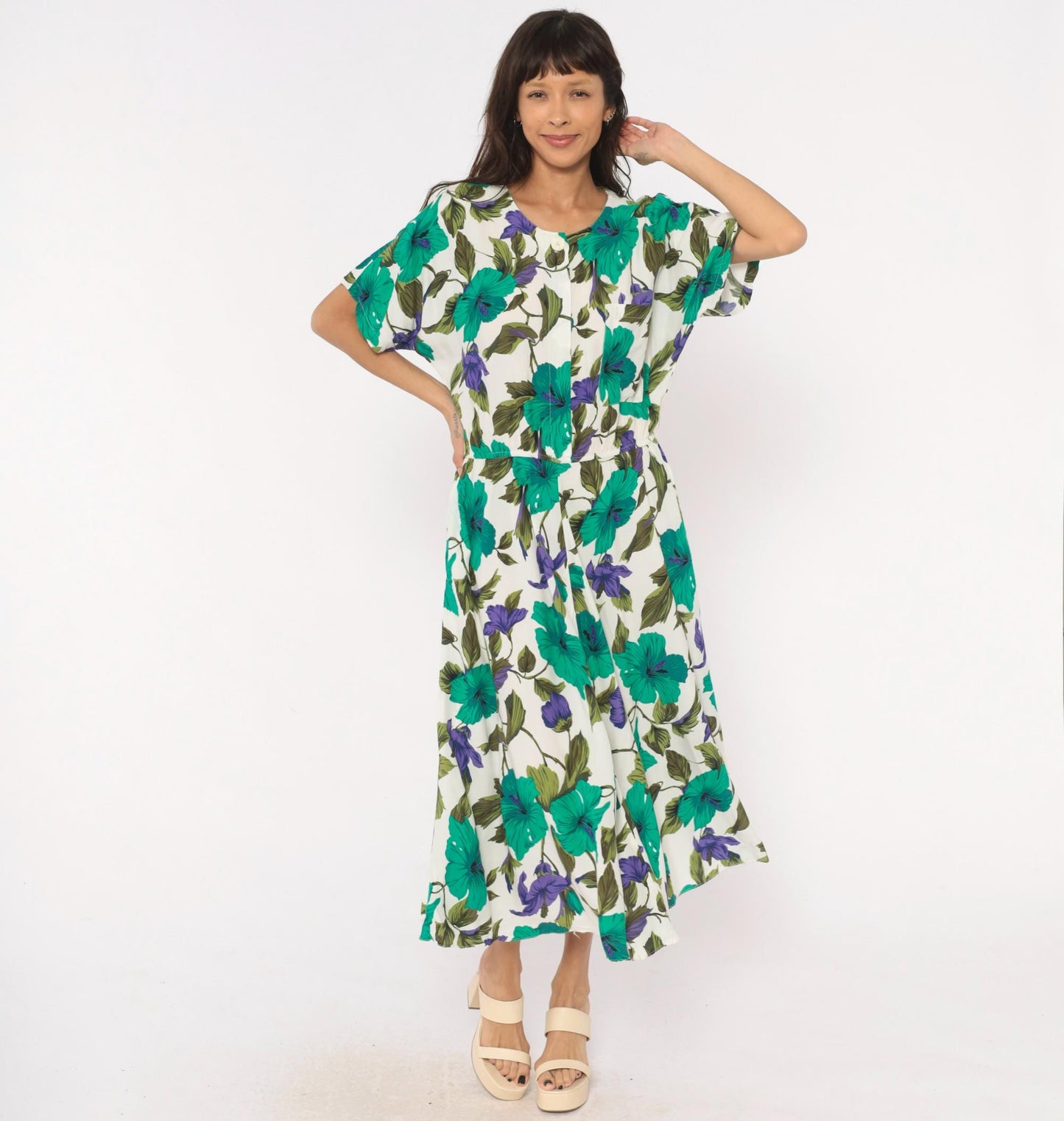 80s Tropical Hibiscus Midi Dress Teal Purple Floral Button Front Large L