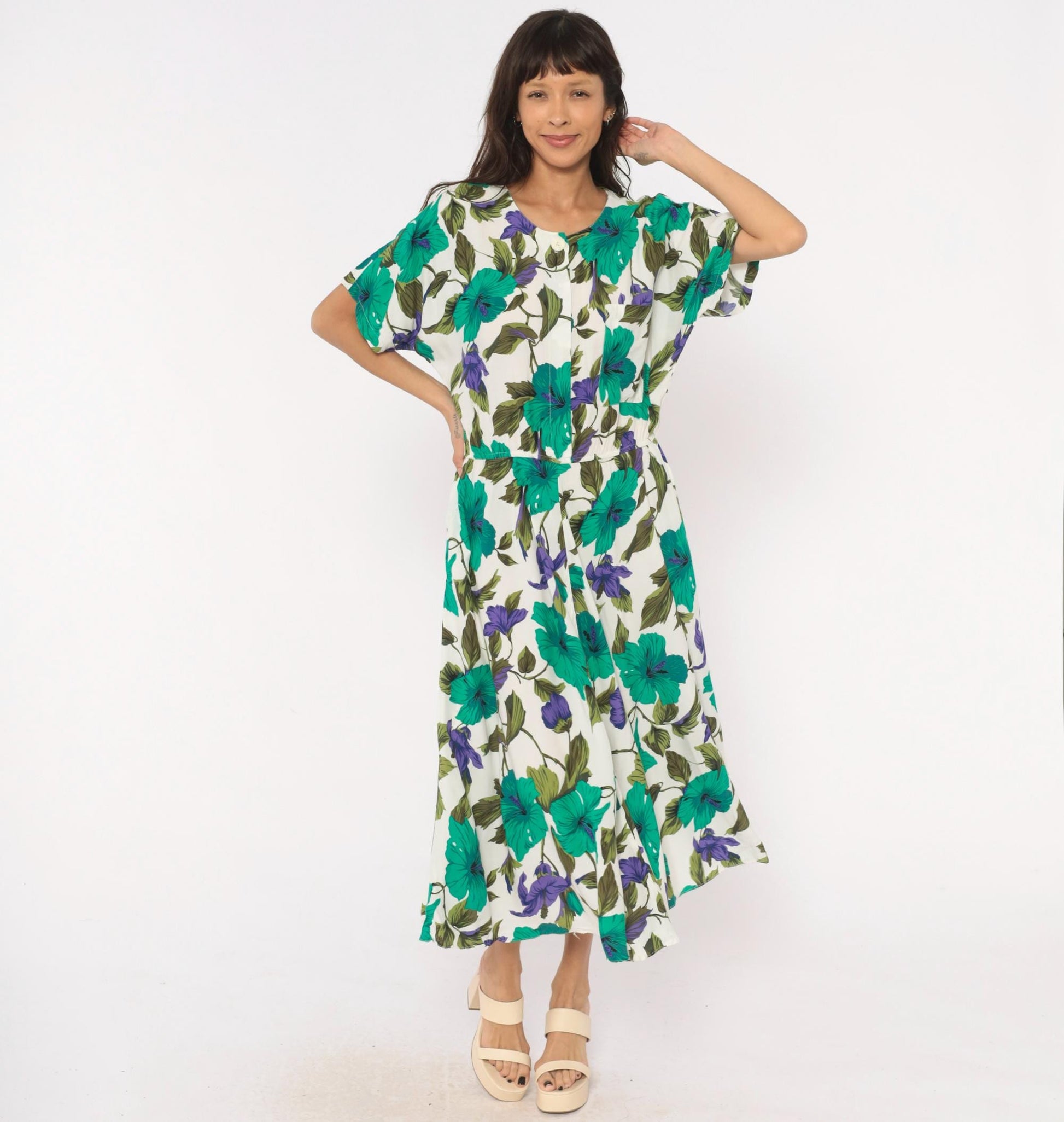 80s Tropical Hibiscus Midi Dress Teal Purple Floral Button Front Large L
