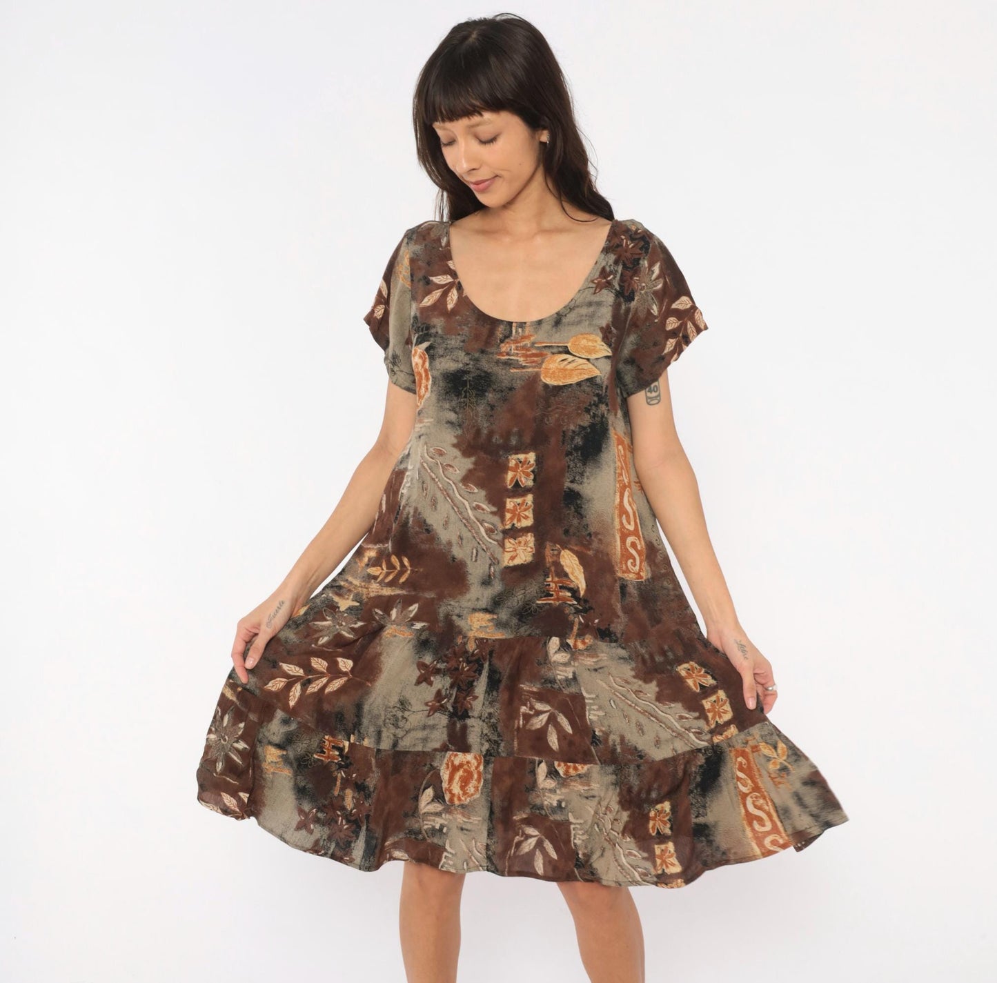 90s Island Attitude Botanical Patchwork Drop Waist Dress Brown Medium M