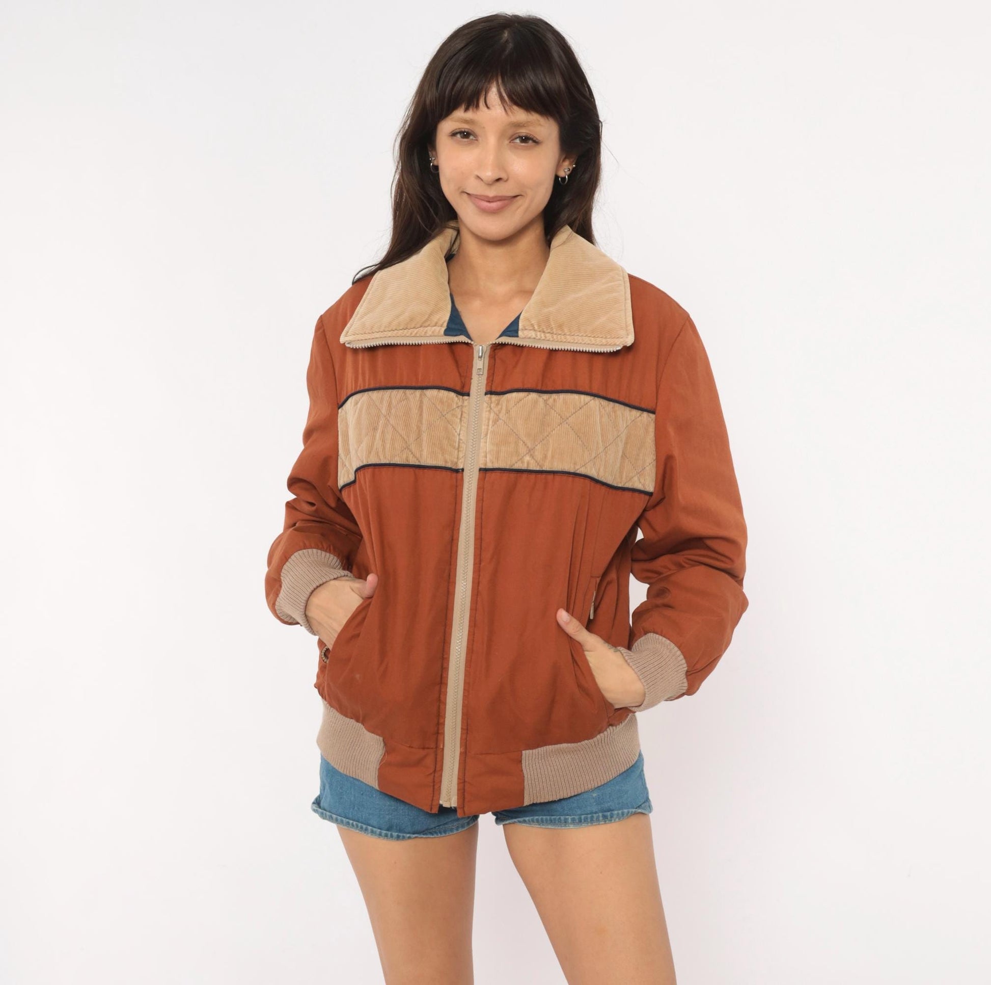 70s Golden Bay Ski Bomber Jacket Rust Brown Corduroy Color Block Small