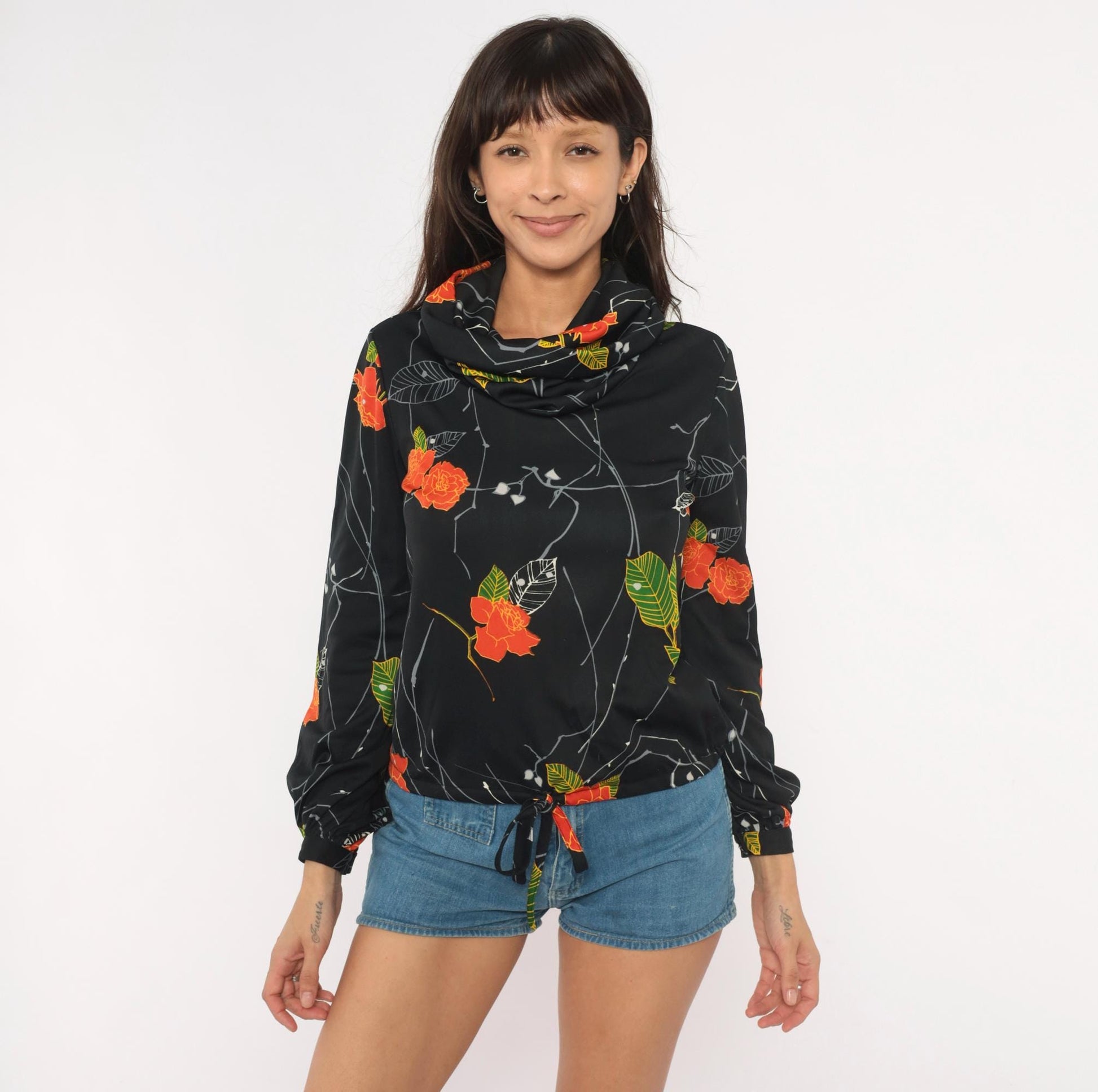 70s Lady Manhattan Cowl Neck Blouse Black Orange Rose Print Long Sleeve Small