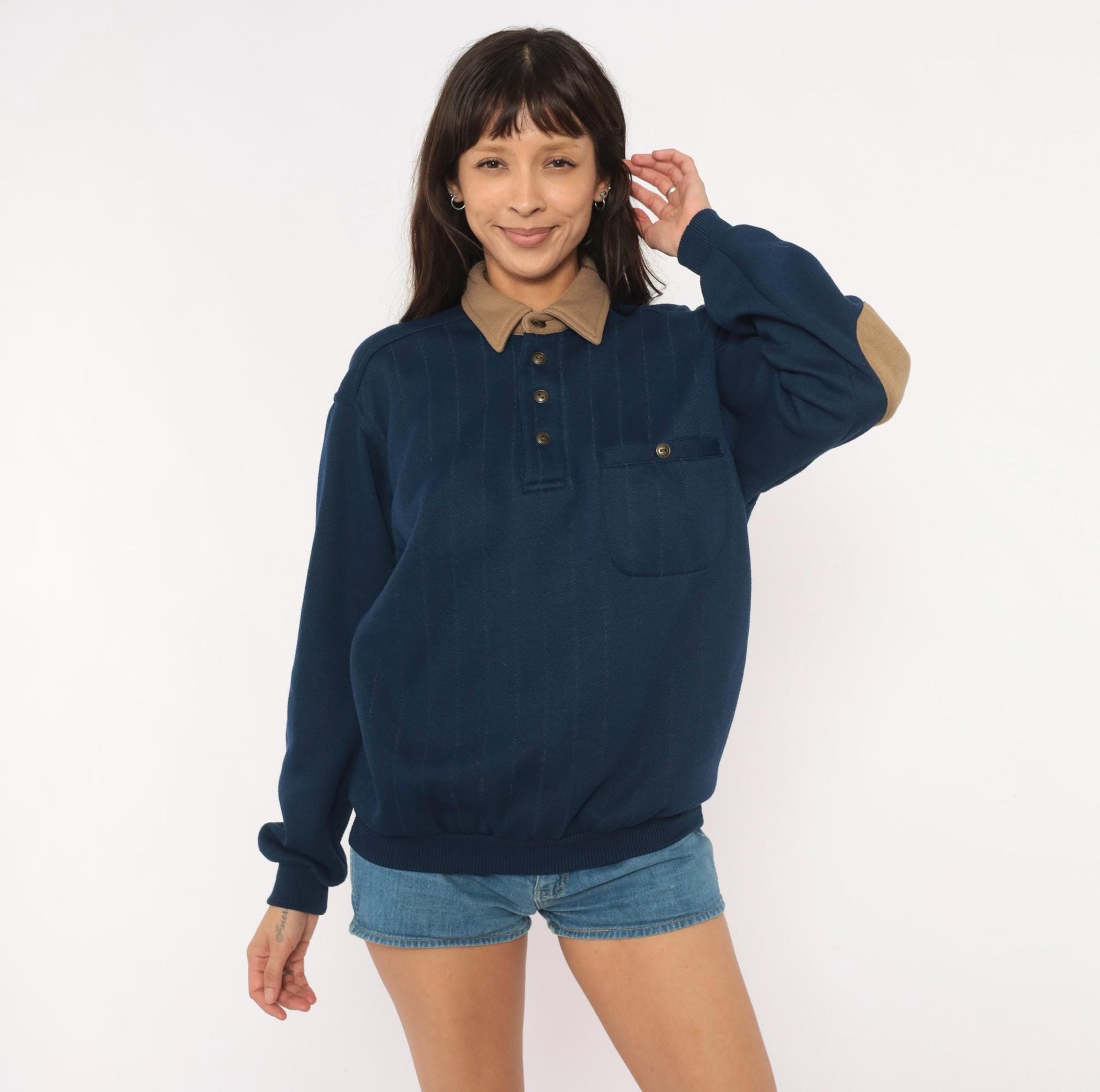 90s Scandia Woods Navy Polo Sweater Tan Elbow Patches Henley Medium M