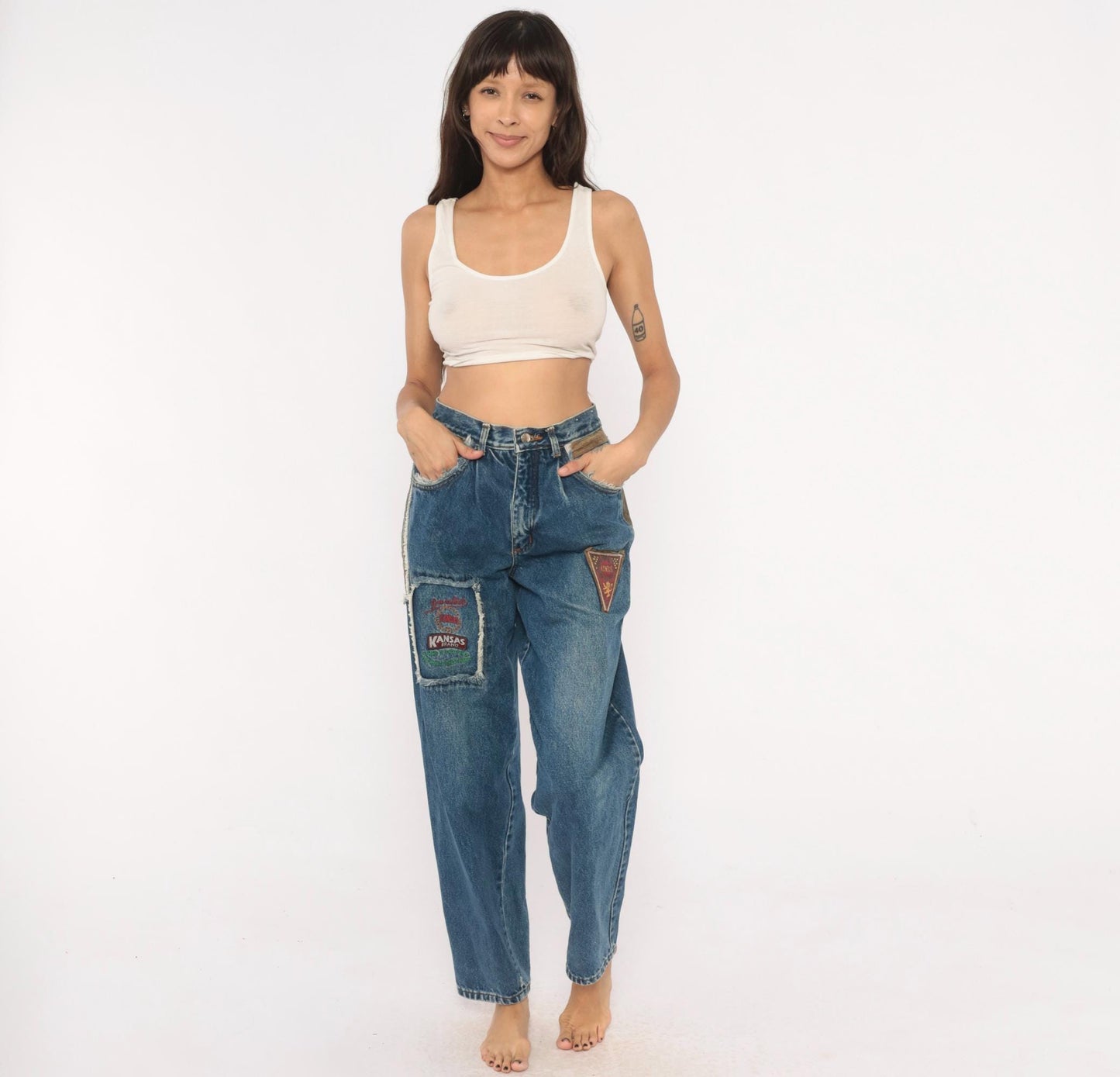 90s Kansas Brand Patchwork Denim Jeans High-Waisted Tapered Blue Suede Trim Small