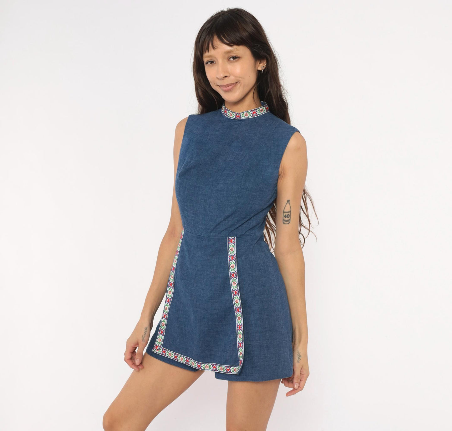 60s Navy Chambray Romper Embroidered Folk Floral Mock Neck Playsuit XS