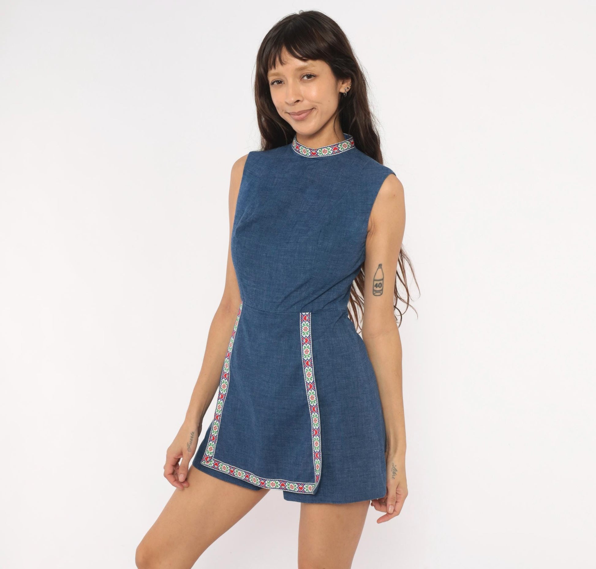 60s Navy Chambray Romper Embroidered Folk Floral Mock Neck Playsuit XS